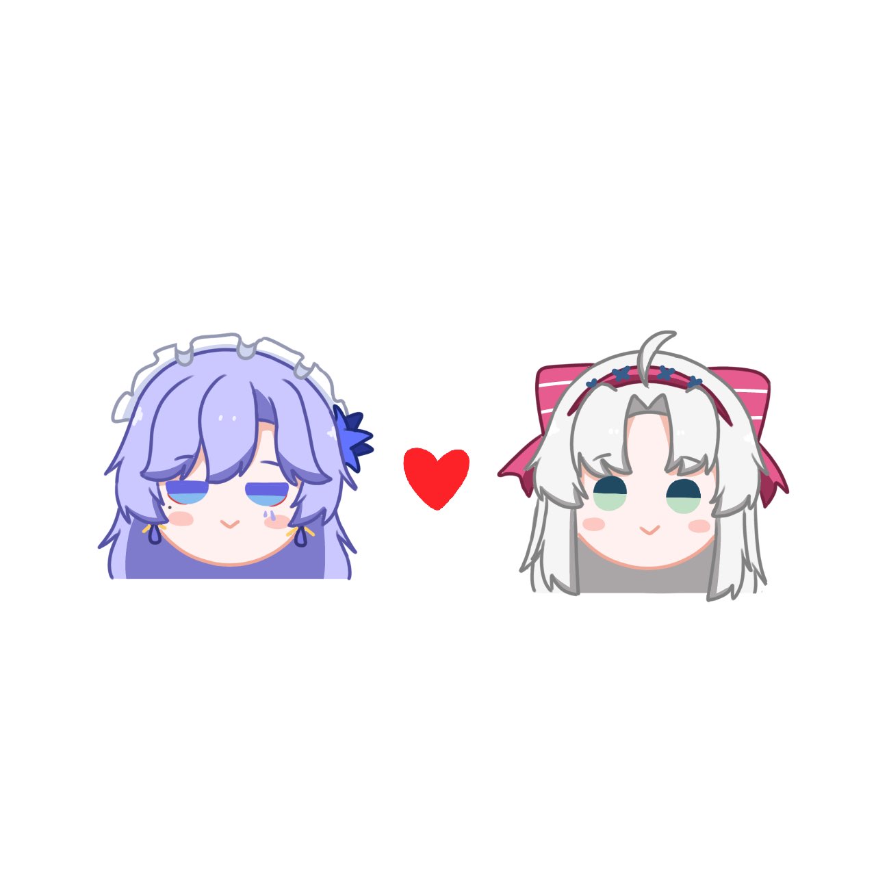 tenrino, cantarella (wuthering waves), carlotta (wuthering waves), wuthering waves, commentary, highres, 2girls, :>, ahoge, blue eyes, blush stickers, bow, chibi, chibi only, closed mouth, earrings, facial mark, flower, green eyes, hair bow, hair flower, hair ornament, head only, headdress, heart, jewelry, long hair, looking at viewer, mark under eye, mole, mole under eye, multiple girls, parted bangs, pink bow, purple flower, purple hair, simple background, smile, straight-on, striped bow, white background, yuri