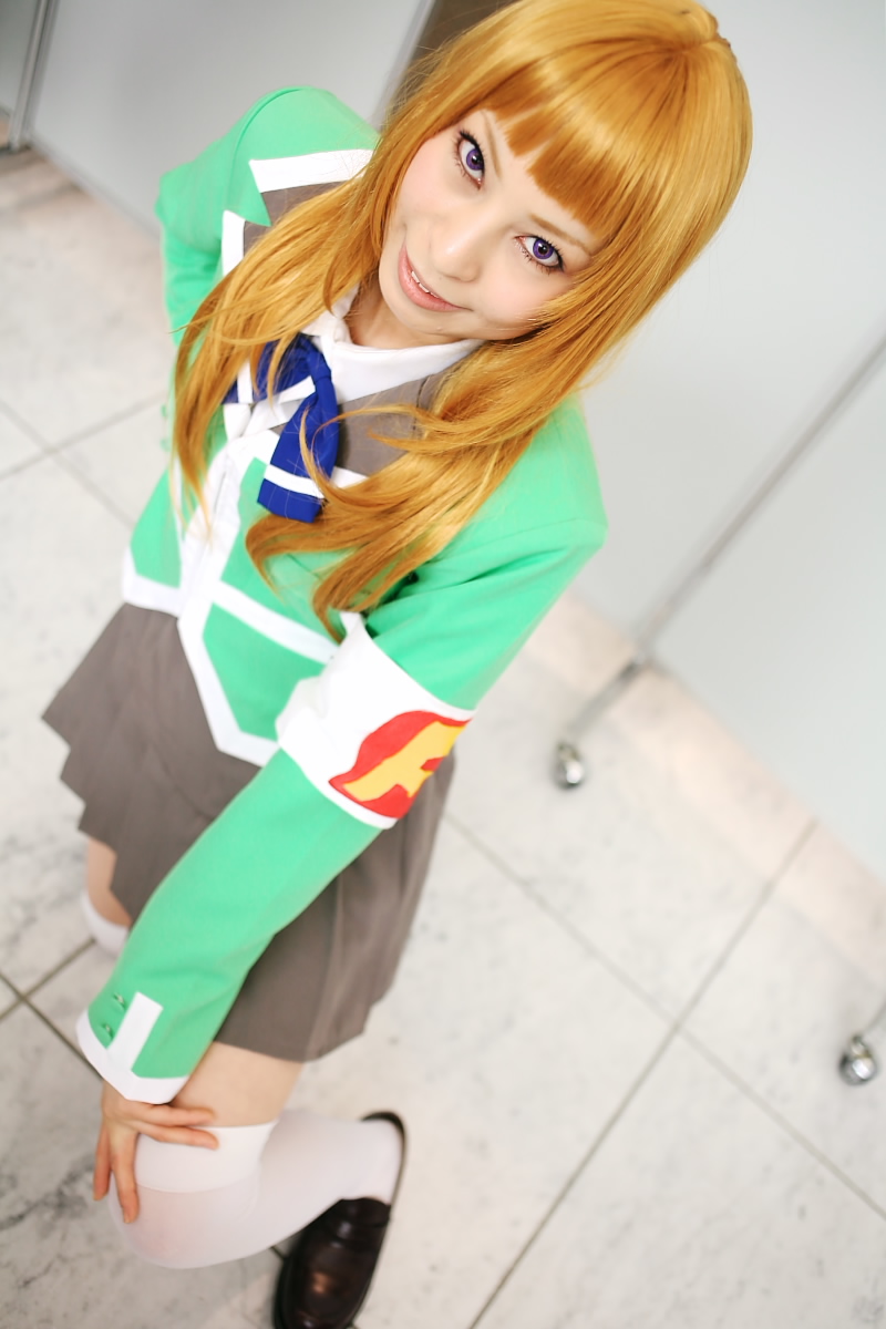 ari (model), suzushiro haruka, my-hime, highres, photo (medium), armband, blonde hair, cosplay, school uniform, serafuku, thighhighs