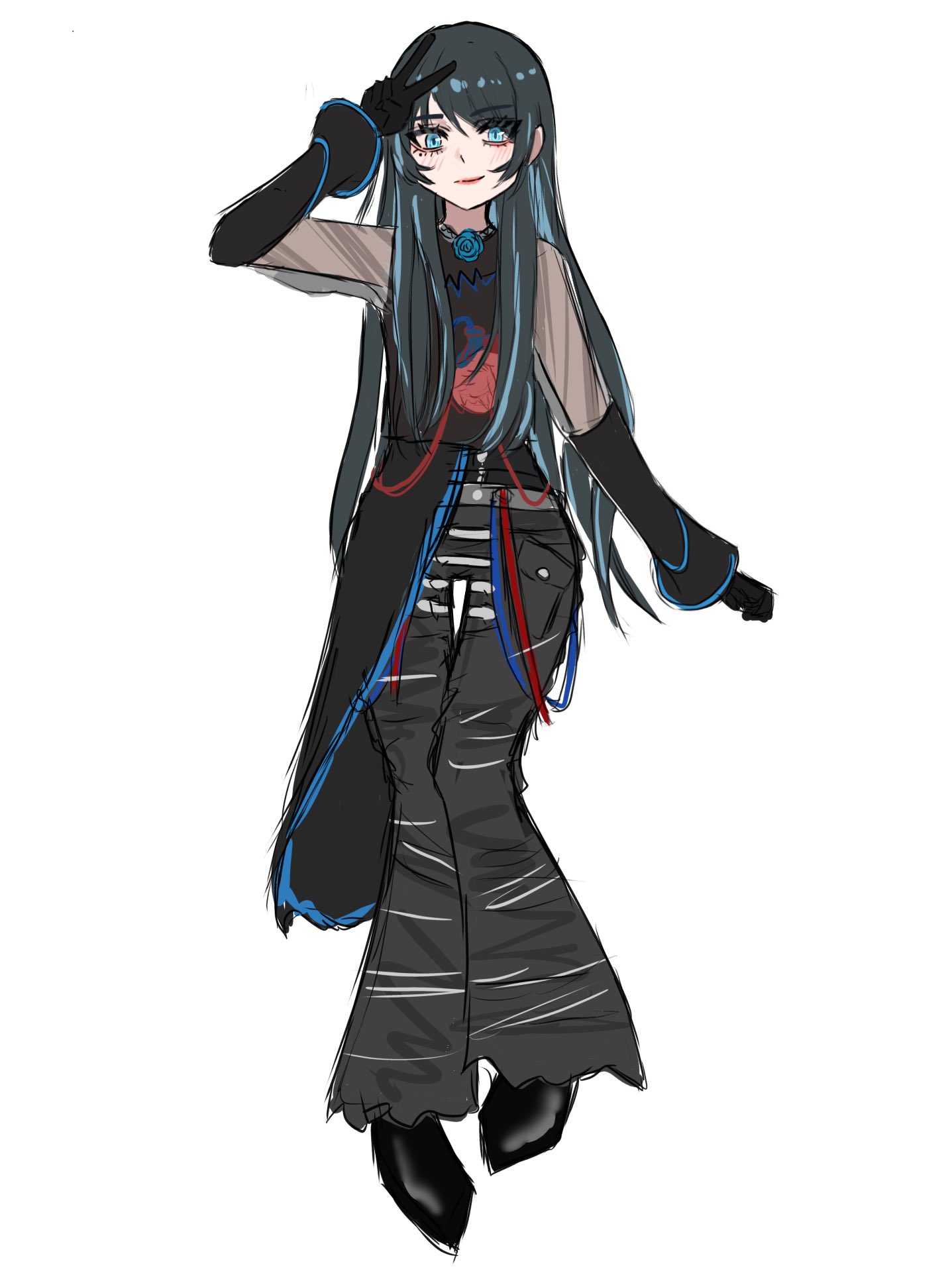 chando (ado), ado (utaite), commentary request, highres, 1girl, black gloves, black hair, black pants, blue eyes, blue hair, closed mouth, fukase (ki16d6rjic81961), full body, gloves, mole, mole under eye, pants, shinzou (ado), simple background, solo, utaite, v, white background