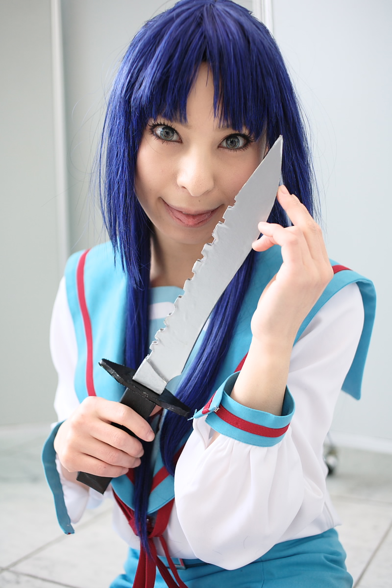 ari (model), asakura ryoko, suzumiya haruhi no yuuutsu, highres, photo (medium), blue hair, cosplay, knife, sailor, school uniform, serafuku