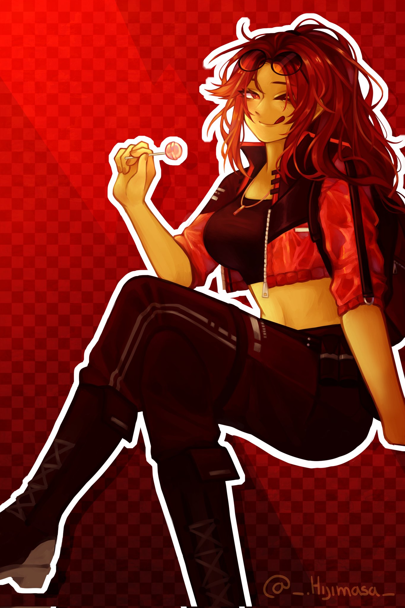 original, commentary request, commission, highres, 1girl, :q, artist name, black boots, black pants, black shirt, boots, breasts, candy, checkered background, closed mouth, cropped jacket, cropped shirt, crossed legs, eyewear on head, food, foot out of frame, glasses, hand up, hijimasa, holding, holding candy, holding food, holding lollipop, jacket, large breasts, licking lips, lollipop, long hair, looking at viewer, midriff, open clothes, open jacket, outline, pants, parted bangs, red background, red eyes, red hair, red jacket, round eyewear, shirt, sitting, smile, solo, spanish commentary, tongue, tongue out, white outline