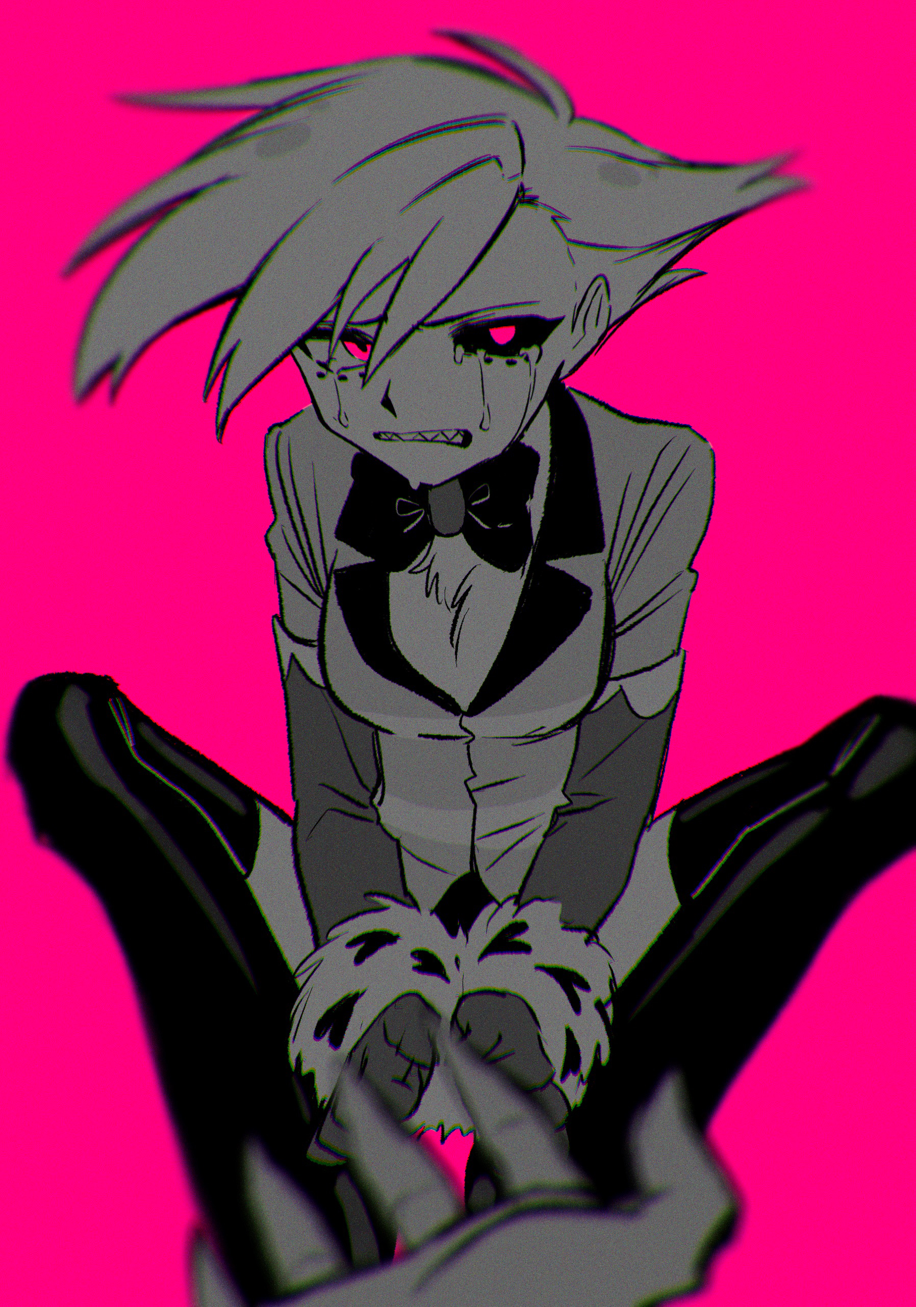 menma (enaic31), angel dust, valentino (hazbin hotel), hazbin hotel, hellaverse, absurdres, bad id, bad pixiv id, highres, 2boys, ahoge, blurry, blurry foreground, boots, bow, bowtie, chromatic aberration, clenched teeth, colored sclera, crying, crying with eyes open, cuffs, elbow gloves, facial mark, film grain, fuzzy handcuffs, gloves, greyscale with colored background, hair behind ear, hair between eyes, handcuffs, heart, heart print, humanization, knees apart feet together, knees up, lapels, looking at viewer, male focus, mismatched pupils, mismatched sclera, multiple boys, notched lapels, pink background, pink eyes, pov, pov hands, sharp teeth, shirt, short hair, short shorts, shorts, simple background, striped clothes, striped shirt, tears, teeth, thigh boots, traditional bowtie, two-tone shirt, v arms, very short hair