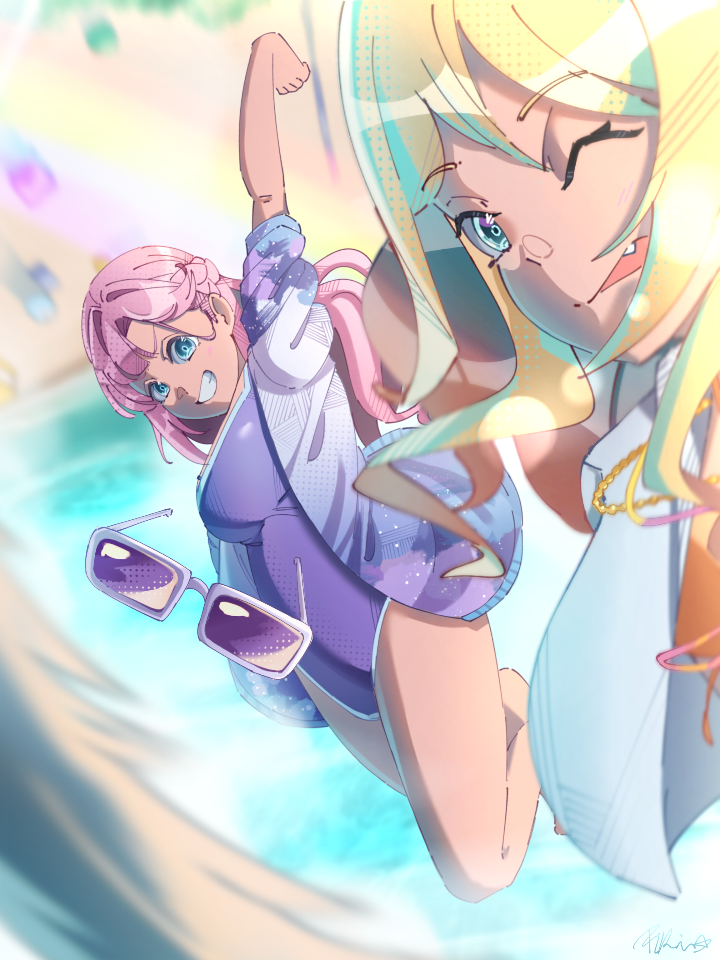 piririi, anyoji hime, osawa rurino, link! like! love live!, love live!, absurdres, commentary, highres, 2girls, ;d, adapted costume, arm up, beach, bikini, blonde hair, blue hair, braid, breasts, fang, gradient clothes, gradient jacket, grin, half up braid, half updo, jacket, large breasts, looking at viewer, mira-cra park!, multicolored hair, multiple girls, official alternate costume, one-piece swimsuit, one eye closed, open clothes, open jacket, open mouth, orange bikini, outdoors, parted lips, pink hair, purple-tinted eyewear, purple jacket, purple one-piece swimsuit, smile, streaked hair, sunglasses, swimsuit, tinted eyewear, unworn eyewear, white-framed eyewear