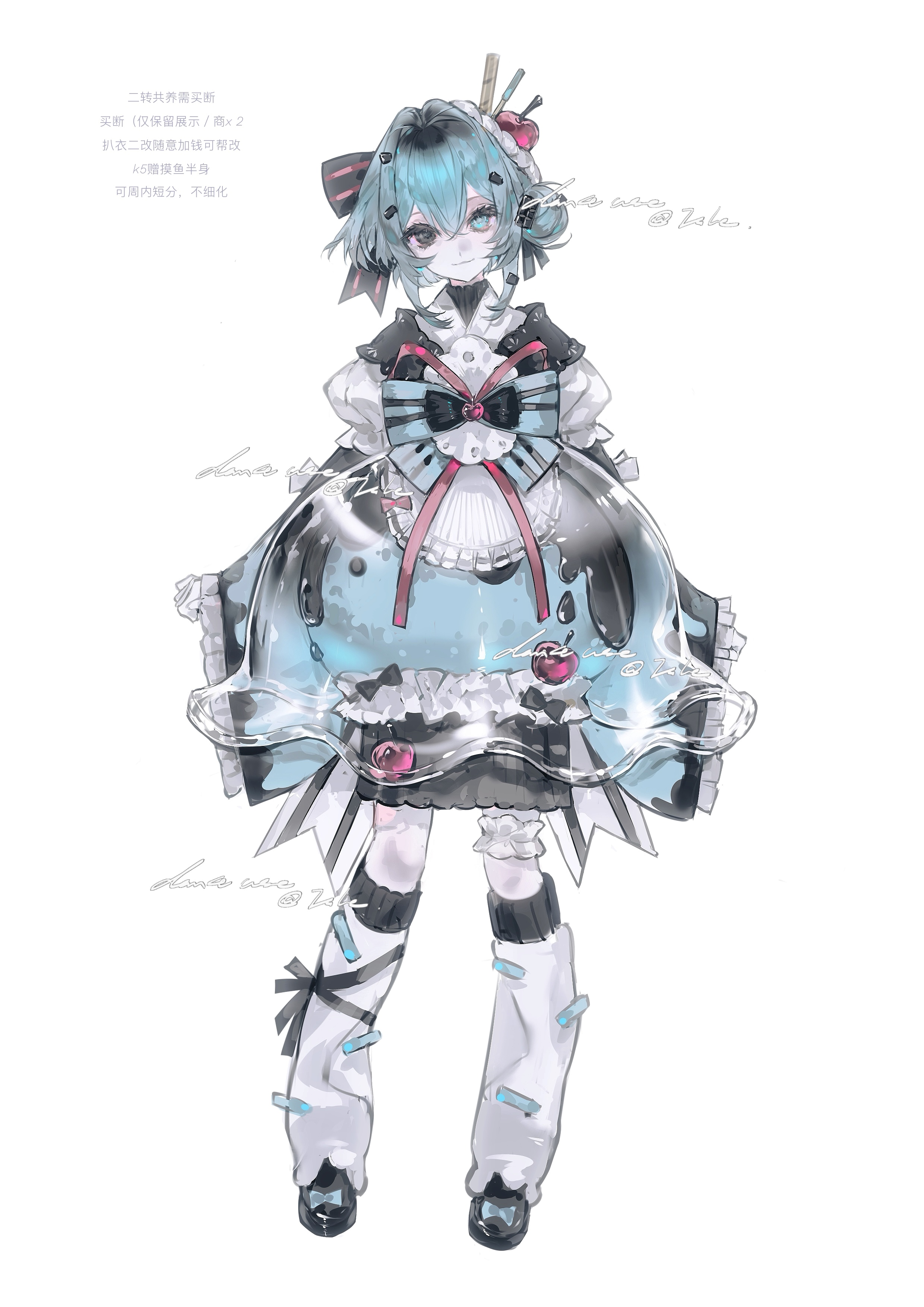 original, absurdres, highres, 1girl, bandaid, bandaid on leg, black bow, blue eyes, blue hair, bow, closed mouth, double bun, dress, food-themed hair ornament, frilled sleeves, frills, full body, hair between eyes, hair bow, hair bun, hair intakes, hair ornament, heilanshuimuchu, heterochromia, japanese clothes, joints, lolita fashion, long sleeves, looking at viewer, puffy sleeves, shoes, short hair, simple background, socks, solo, standing, striped bow, wa lolita, white socks, wide sleeves