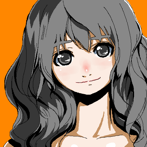 tyler garden, artist request, lowres, 1girl, collarbone, female focus, grey eyes, grey hair, long hair, oekaki, orange background, smile, solo