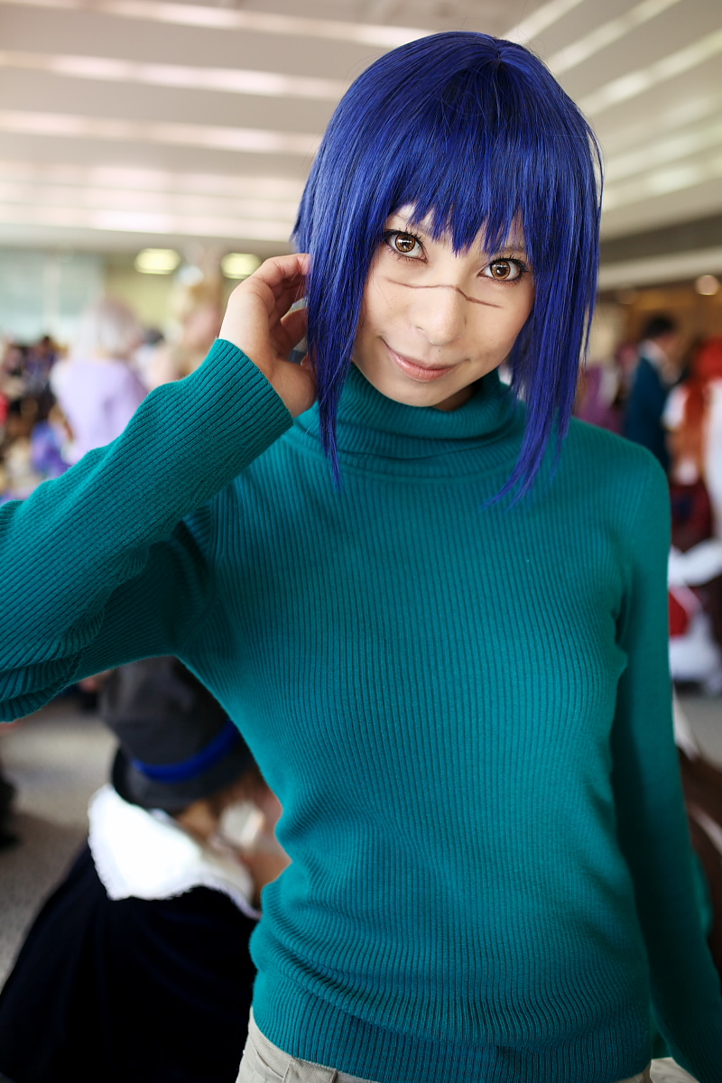 ari (model), tsumura tokiko, busou renkin, highres, photo (medium), blue hair, cosplay, shorts, turtleneck