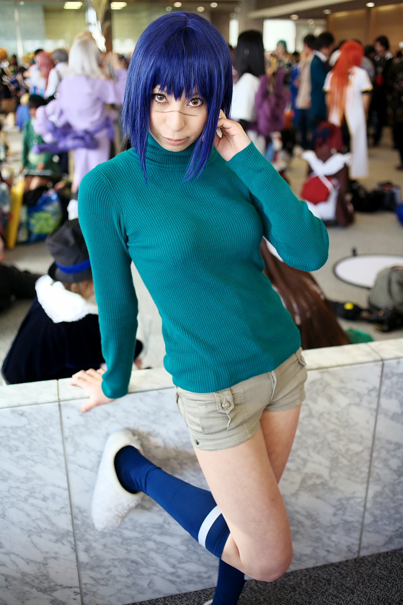 ari (model), tsumura tokiko, busou renkin, highres, photo (medium), blue hair, cosplay, shorts, turtleneck