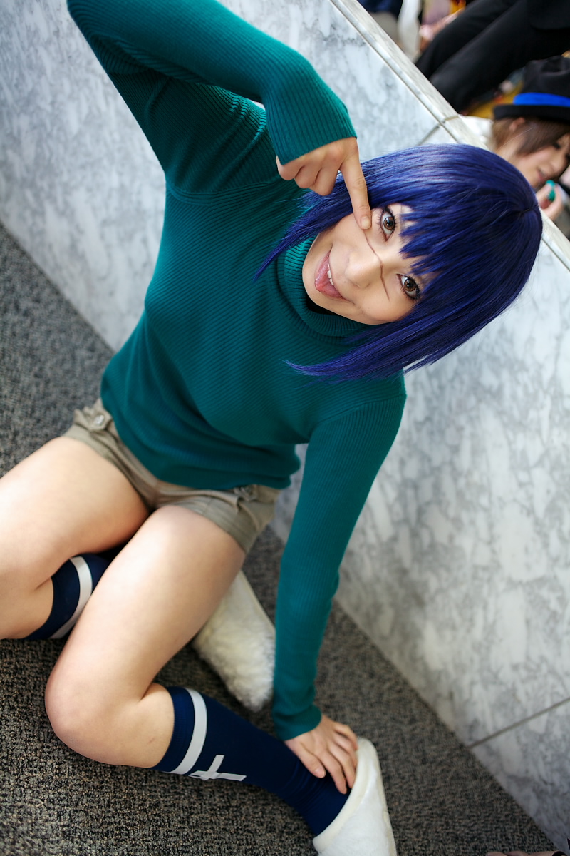 ari (model), tsumura tokiko, busou renkin, highres, photo (medium), blue hair, cosplay, shorts, turtleneck