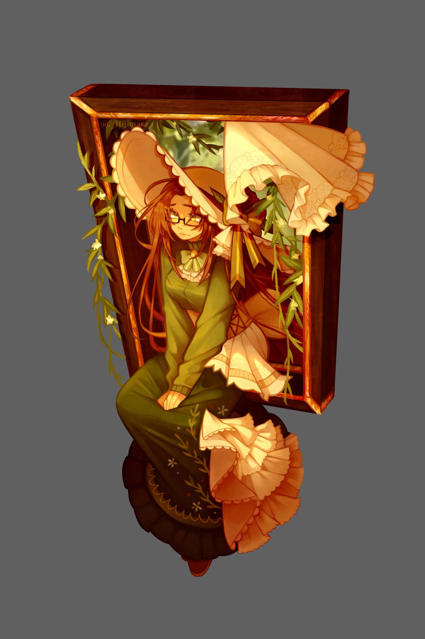 original, commentary request, commission, highres, 1girl, artist name, bow, breasts, brown hair, closed mouth, dress, full body, glasses, green bow, green dress, green eyes, grey background, hat, hijimasa, long dress, long hair, own hands together, plant, semi-rimless eyewear, simple background, sitting, sitting in window, solo, spanish commentary, under-rim eyewear, window, yellow hat
