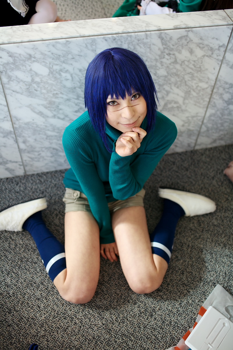 ari (model), tsumura tokiko, busou renkin, highres, photo (medium), blue hair, cosplay, shorts, turtleneck