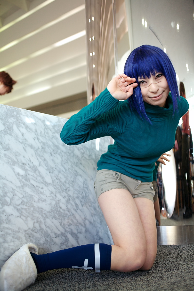 ari (model), tsumura tokiko, busou renkin, highres, photo (medium), blue hair, cosplay, shorts, turtleneck