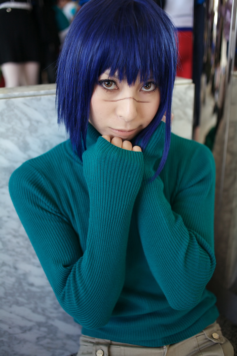 ari (model), tsumura tokiko, busou renkin, highres, photo (medium), blue hair, cosplay, shorts, turtleneck