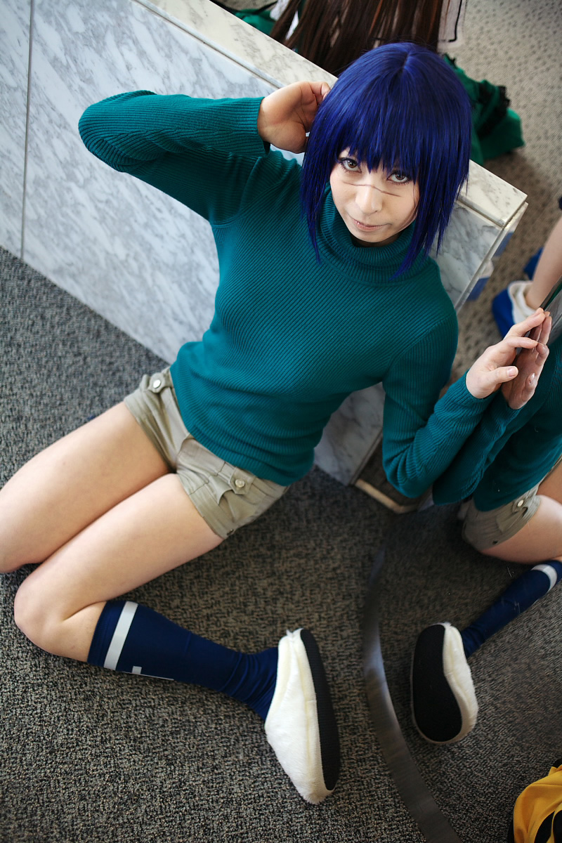 ari (model), tsumura tokiko, busou renkin, highres, photo (medium), blue hair, cosplay, shorts, turtleneck