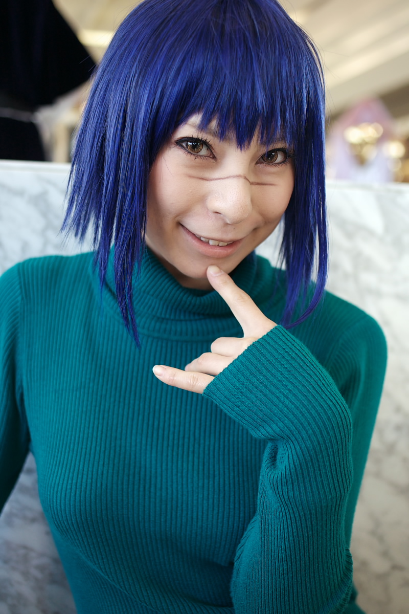 ari (model), tsumura tokiko, busou renkin, highres, photo (medium), blue hair, cosplay, shorts, turtleneck