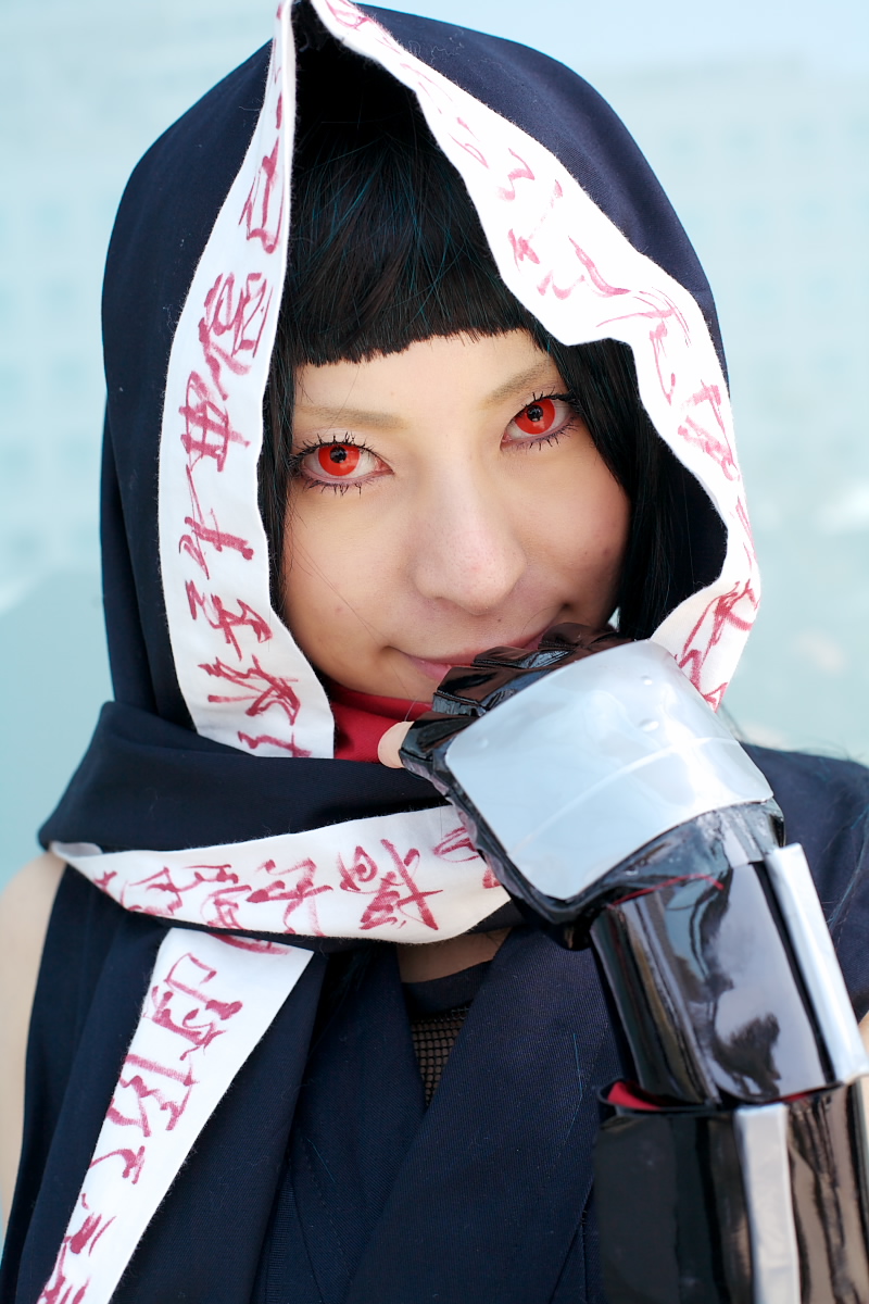 ari (model), okuzaki akira, my-hime, highres, photo (medium), cloak, cosplay, gloves, ninja