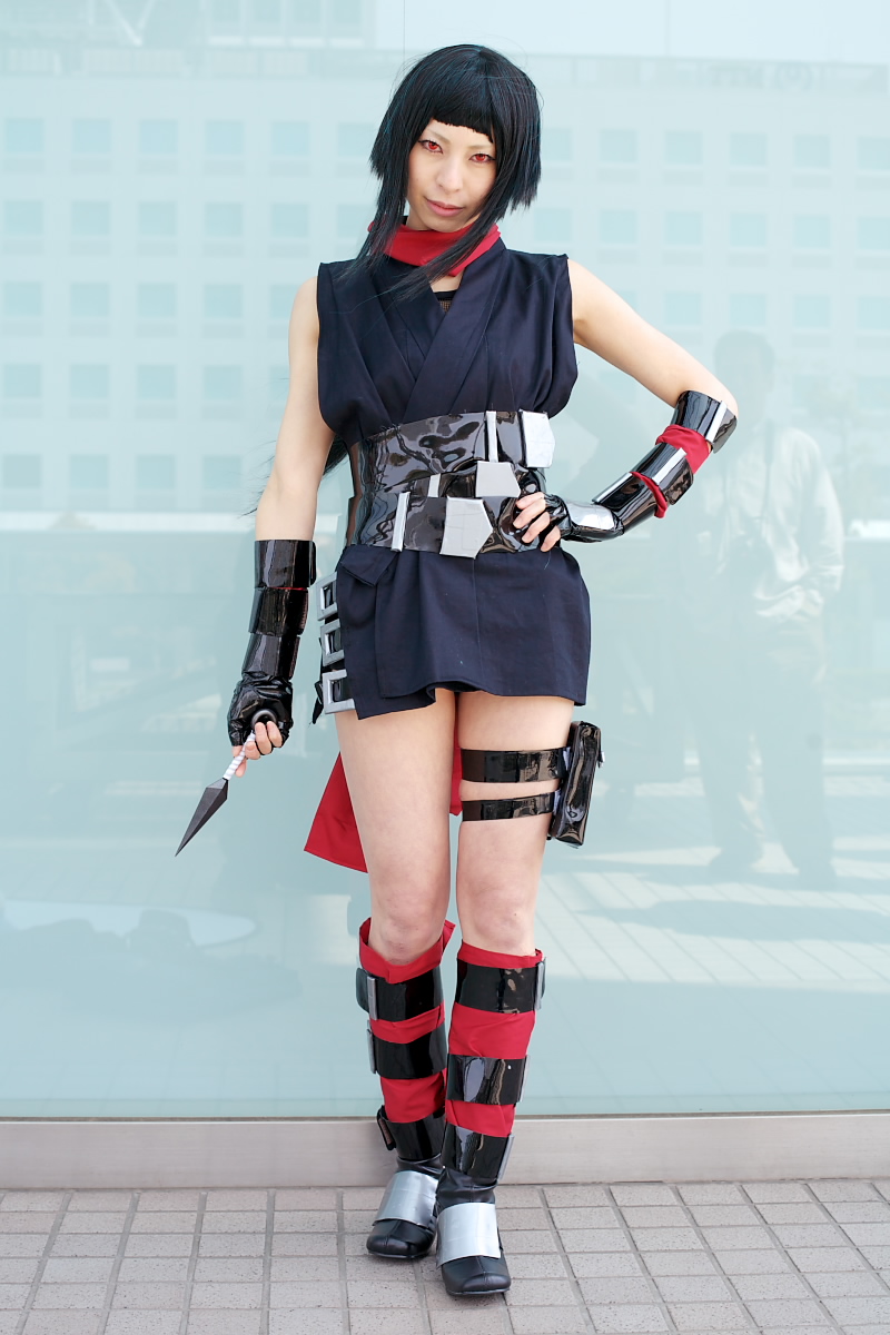 ari (model), okuzaki akira, my-hime, highres, photo (medium), cosplay, gloves, kunai, ninja, weapon