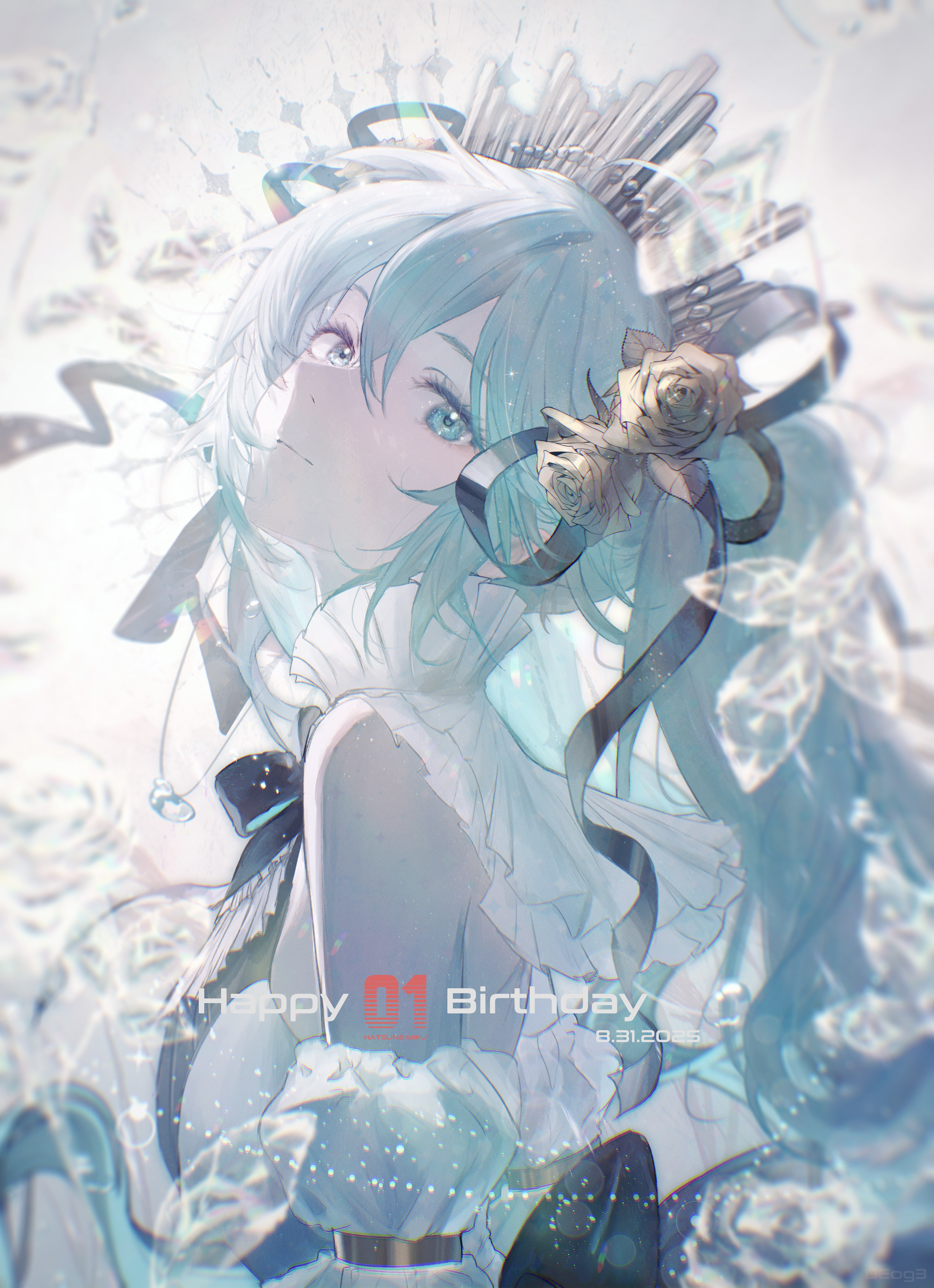 deog3, hatsune miku, miku symphony (vocaloid), vocaloid, absurdres, highres, 1girl, aqua eyes, aqua hair, arm tattoo, closed mouth, detached sleeves, flower, hair between eyes, hair flower, hair ornament, happy birthday, long hair, long sleeves, looking at viewer, looking back, number tattoo, official alternate costume, official alternate hairstyle, puffy sleeves, solo, tattoo, very long hair