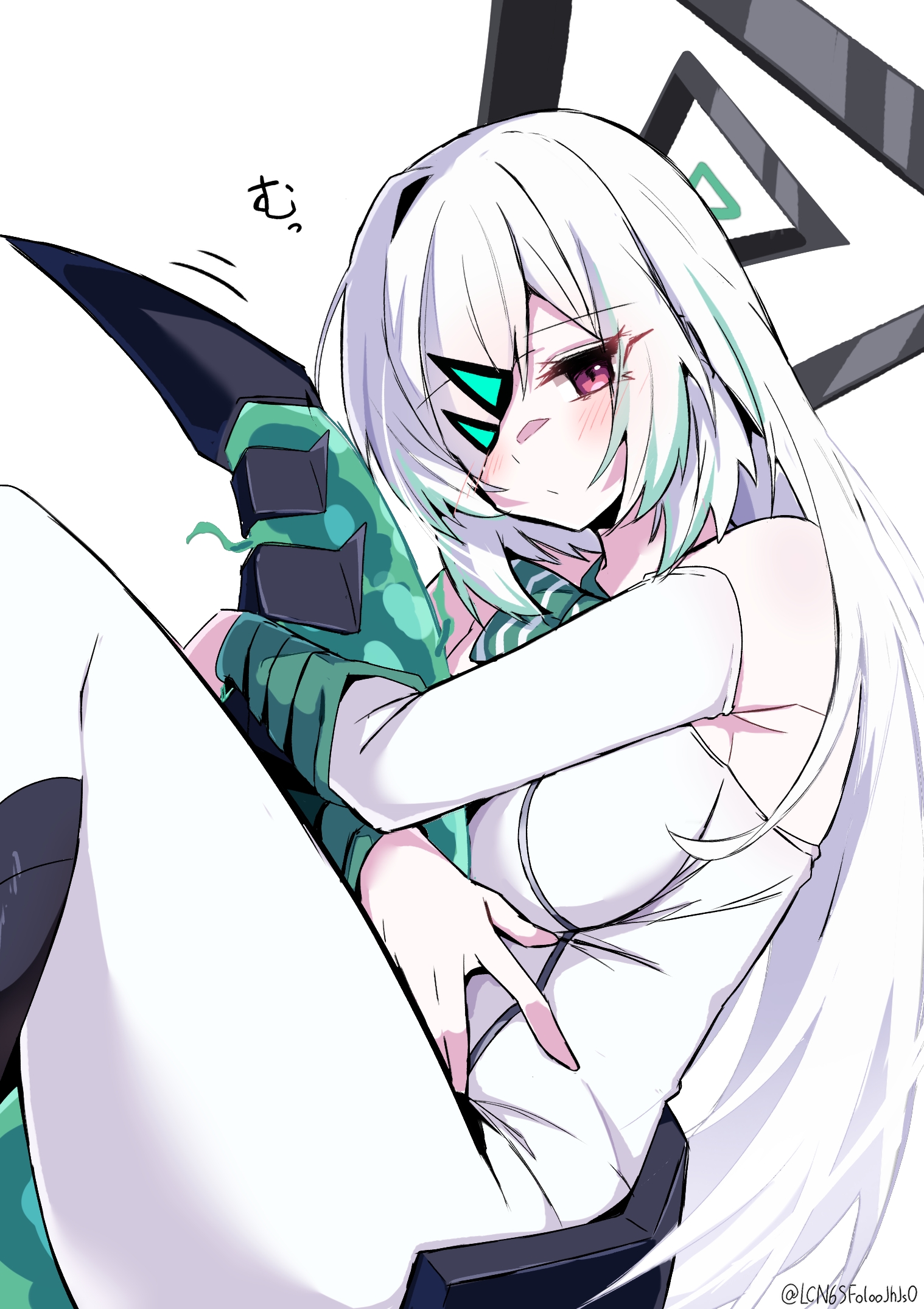 kobayashi macchan, monster strike, highres, 1girl, amnedia (monster strike), blush, breasts, closed mouth, eyelashes, huge breasts, long bangs, long hair, pink eyes, sitting, solo, tail, thick thighs, thighs, white hair