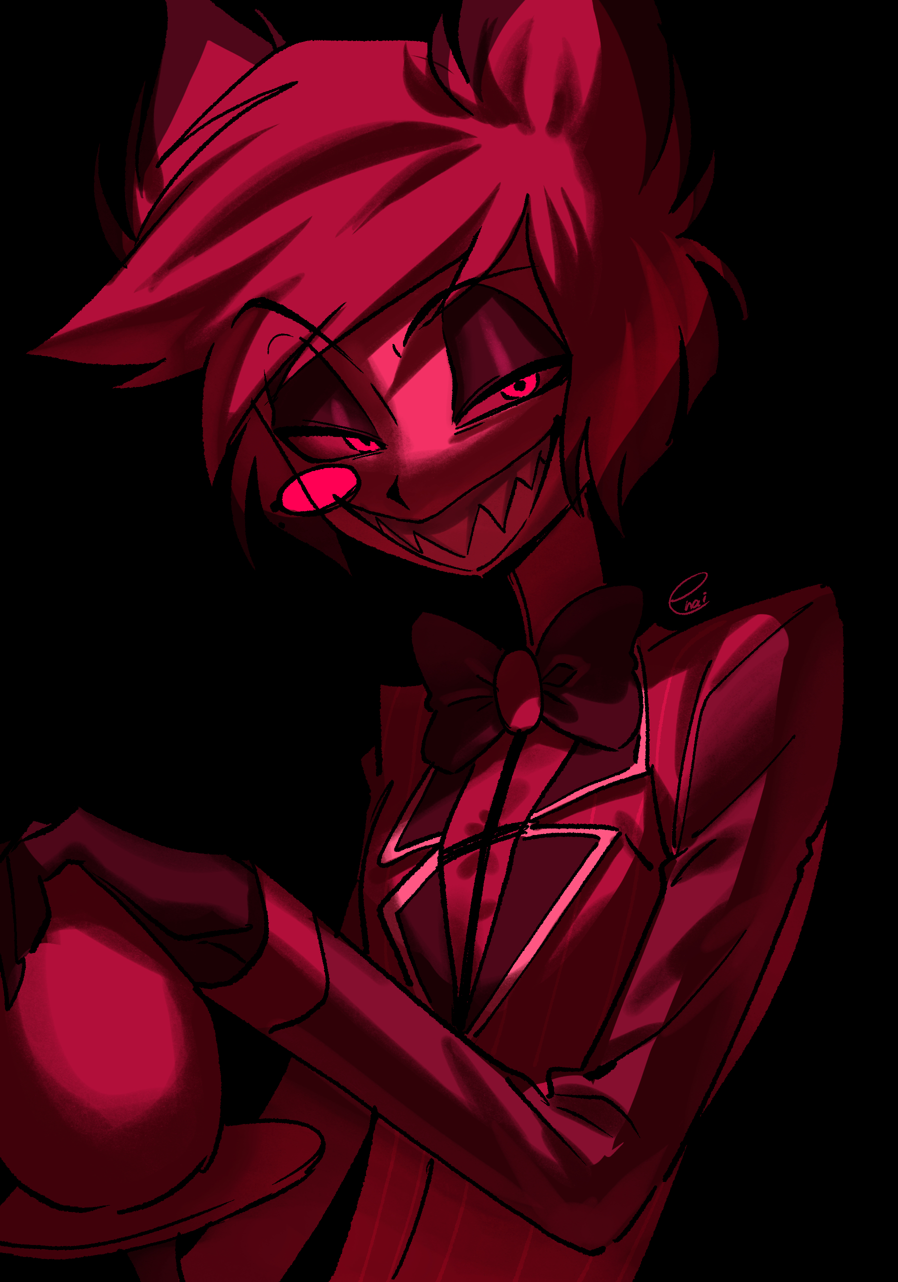 menma (enaic31), alastor (hazbin hotel), hazbin hotel, hellaverse, absurdres, bad id, bad pixiv id, highres, 1boy, :d, animal ears, black background, bob cut, bow, bowtie, deer ears, eyeshadow, glowing, glowing eyes, grin, half-closed eyes, hand up, holding, holding staff, inverted bob, lapels, long sleeves, looking at viewer, makeup, male focus, monochrome, monocle, multicolored hair, notched lapels, open mouth, pinstripe jacket, pinstripe pattern, red theme, sharp teeth, shirt, short hair, signature, simple background, smile, solo, staff, swept bangs, teeth, traditional bowtie, two-tone hair, upper body, v-shaped eyebrows