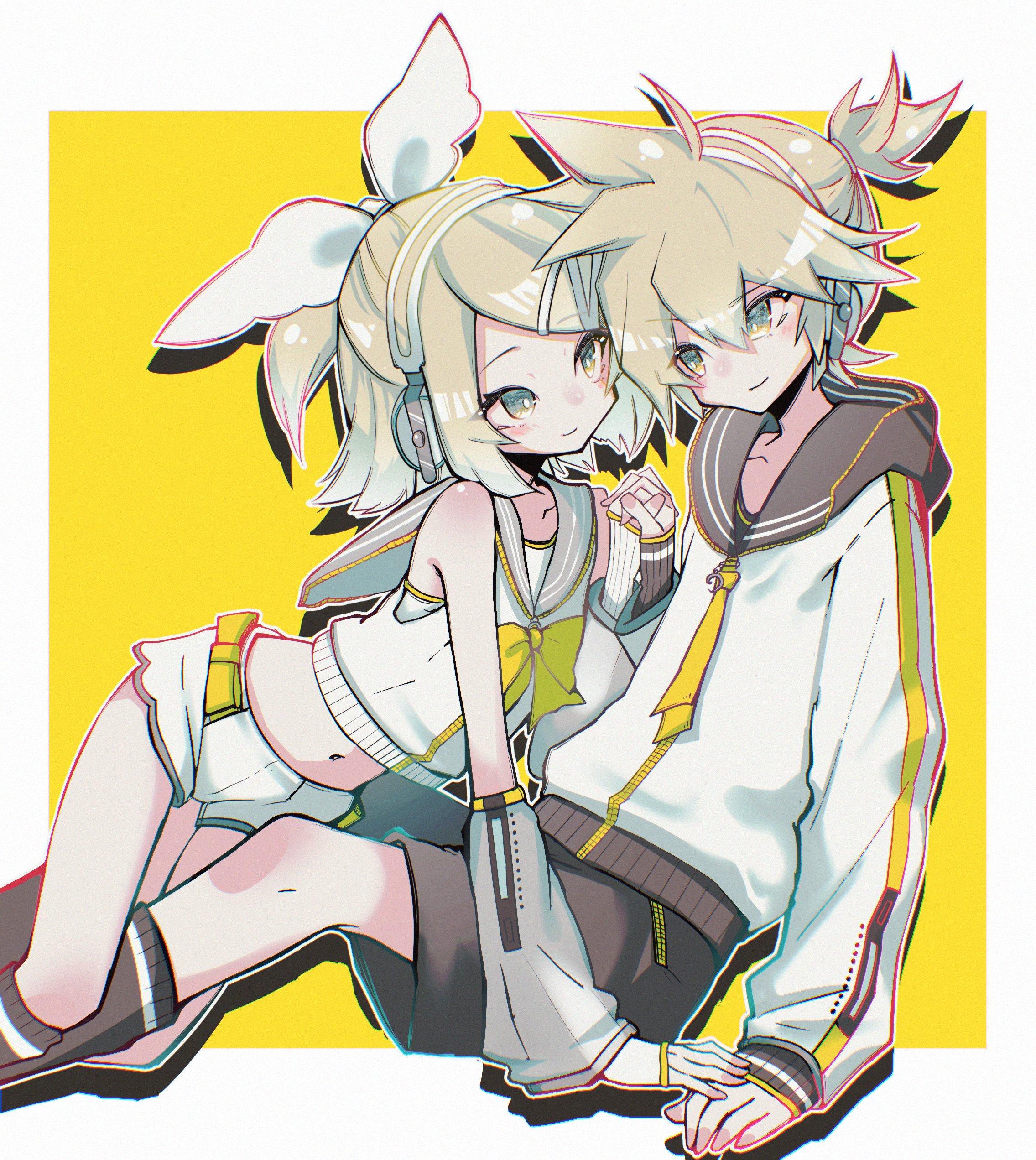 kagamine len, kagamine rin, piapro studio, vocaloid, absurdres, highres, 1boy, 1girl, bare shoulders, belt, black shorts, blonde hair, blush, bow, bowtie, crop top, detached sleeves, hair bow, hair ornament, hairclip, halka, headphones, holding hands, hood, jacket, kagamine len (nt), kagamine rin (nt), leg warmers, looking at another, midriff, navel, neckerchief, necktie, ponytail, sailor collar, shirt, short hair, short ponytail, short shorts, shorts, siblings, sitting, sleeveless, sleeveless shirt, smile, spiked hair, swept bangs, twins, white bow, white shirt, yellow background, yellow bow, yellow neckerchief, yellow necktie, zipper
