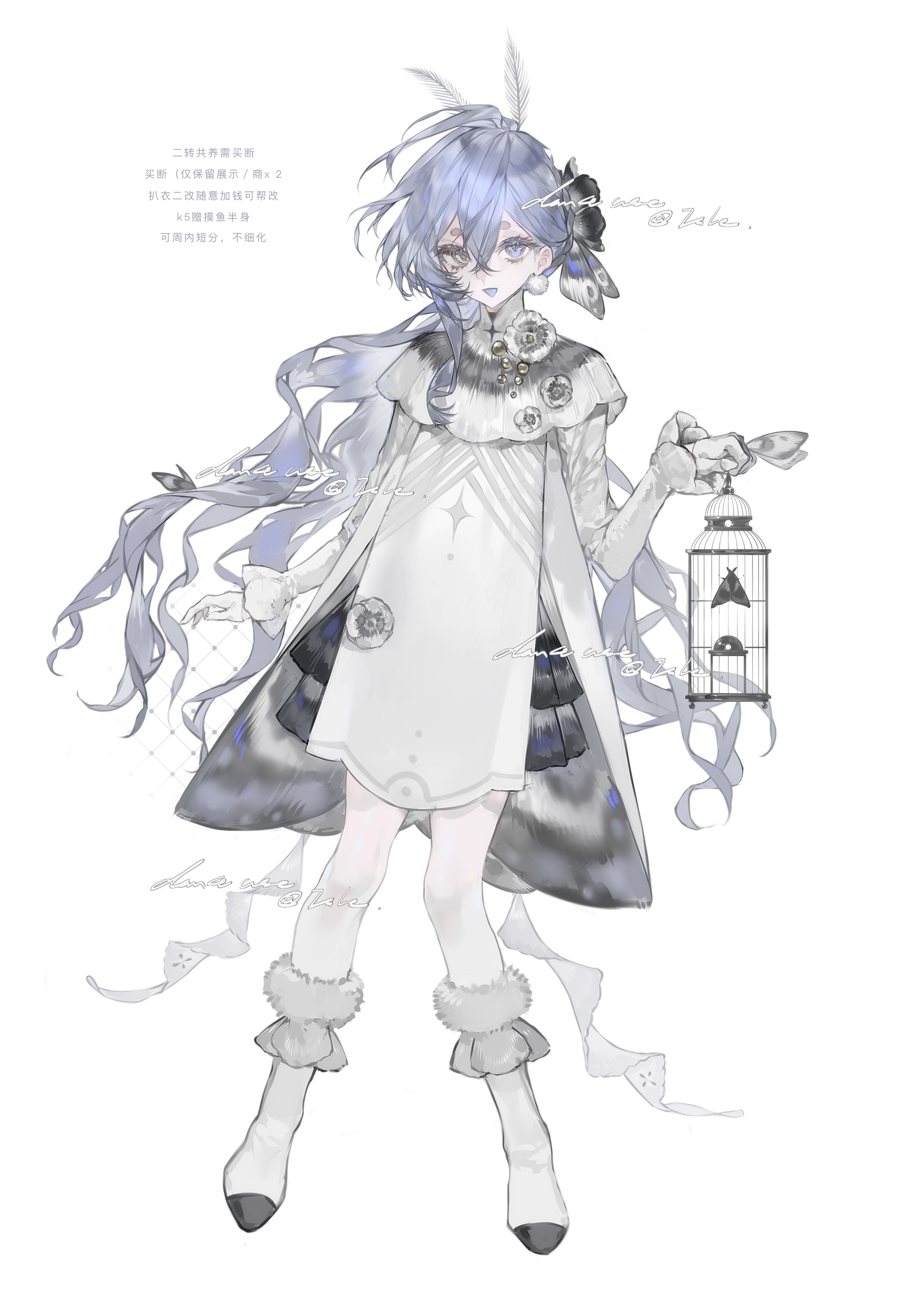 original, absurdres, highres, 1girl, arthropod girl, birdcage, blue eyes, blue hair, blue tongue, boots, bug, bug cage, cage, colored tongue, dress, flower, frilled sleeves, frills, full body, fur-trimmed boots, fur trim, gloves, hair between eyes, hair flower, hair ornament, heilanshuimuchu, holding, holding cage, holding lantern, insect, insect girl, insect wings, jewelry, lantern, long hair, long sleeves, looking at viewer, moth, moth antennae, moth girl, moth wings, open mouth, simple background, solo, standing, very long hair, white background, white boots, white dress, white flower, white gloves, wings