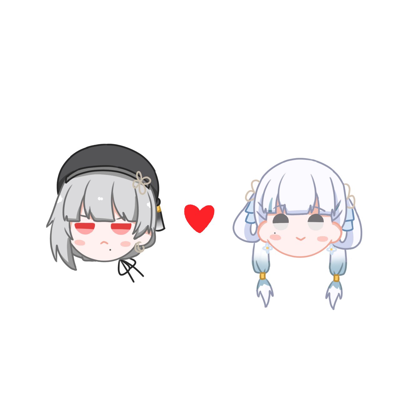 tenrino, jinhsi (wuthering waves), sanhua (wuthering waves), wuthering waves, commentary, highres, 2girls, :<, beret, black hat, blush stickers, chibi, chibi only, closed mouth, grey eyes, grey hair, hair rings, hat, head only, heart, looking at viewer, low twintails, mole, mole on cheek, mole under mouth, multiple girls, red eyes, short hair, simple background, straight-on, twintails, v-shaped eyebrows, white background, white hair, yuri