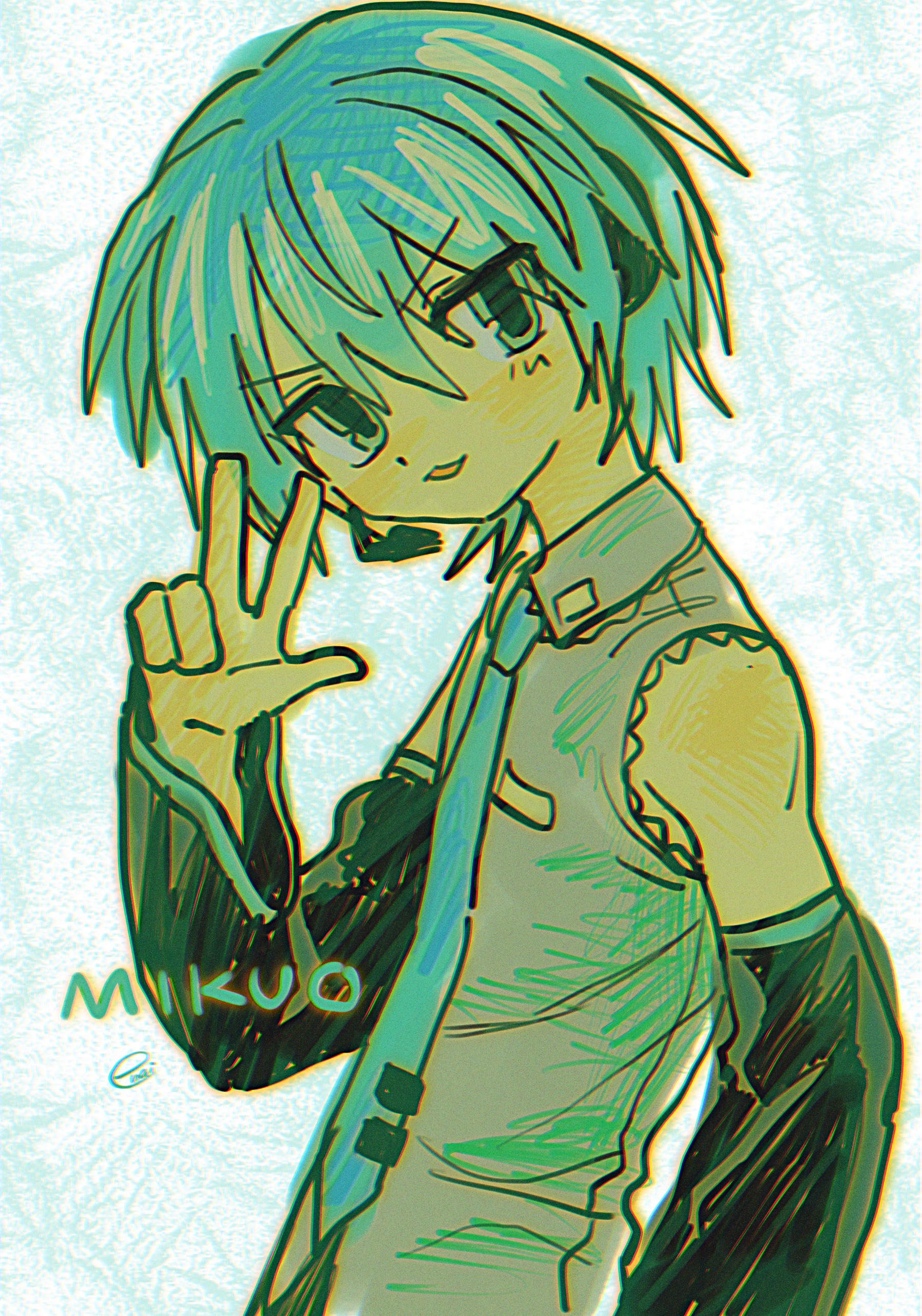 menma (enaic31), hatsune mikuo, vocaloid, absurdres, bad id, bad pixiv id, highres, 1boy, :3, aqua background, aqua eyes, aqua hair, aqua necktie, aqua trim, bare shoulders, black sleeves, character name, chromatic aberration, collared shirt, detached sleeves, double-parted bangs, frilled shirt, frilled shirt collar, frills, genderswap, genderswap (ftm), grey shirt, hair between eyes, headset, long sleeves, looking at viewer, male focus, necktie, open mouth, shirt, short hair, signature, simple background, solo, tie clip, two-tone background, upper body, v-shaped eyebrows, w, white background, wide sleeves