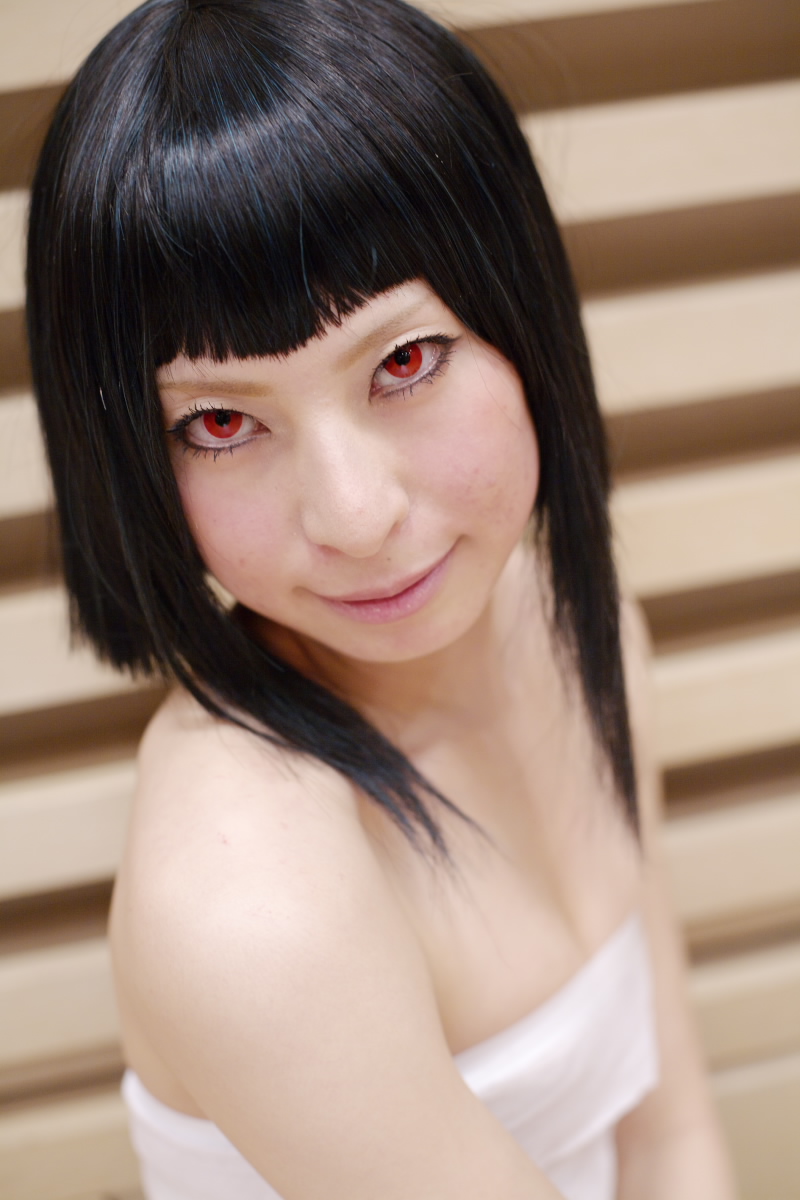 ari (model), okuzaki akira, my-hime, highres, photo (medium), black hair, blunt bangs, breast bind, breasts, chest wrap, cleavage, cosplay, red eyes, sarashi, short hair, small breasts
