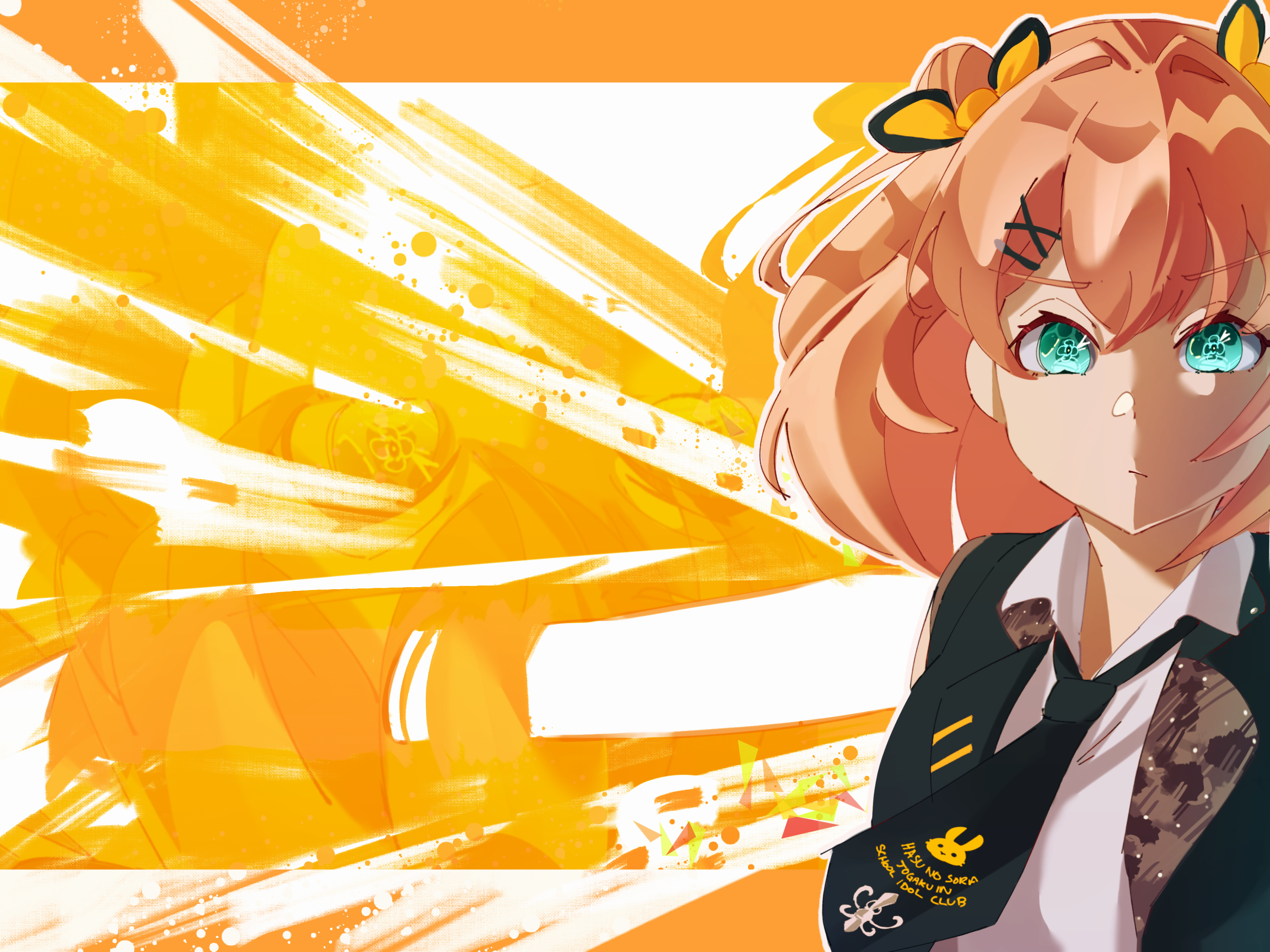 piririi, hinoshita kaho, link! like! love live!, love live!, commentary, highres, 1girl, :/, aqua eyes, black jacket, black necktie, bow, closed mouth, collared shirt, drop shadow, hair bow, hair ornament, i do me! (love live!), jacket, looking at viewer, necktie, official alternate costume, official alternate hairstyle, open clothes, open jacket, orange background, orange hair, shirt, sleeveless, sleeveless jacket, solo, two side up, upper body, v-shaped eyebrows, white shirt, x hair ornament, yellow bow, zoom layer