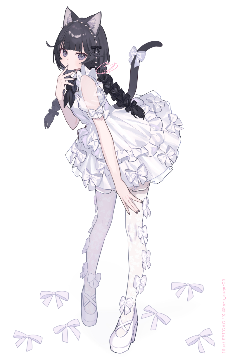 shugao, original, highres, 1girl, animal ear fluff, animal ears, black hair, black nails, blunt bangs, bow, braid, cat ears, cat girl, cat tail, dress, frilled dress, frills, full body, hair bow, high heels, leaning forward, long hair, looking at viewer, simple background, sleeveless, sleeveless dress, solo, standing, tail, tail bow, tail ornament, thighhighs, twin braids, white background, white bow, white dress, white thighhighs