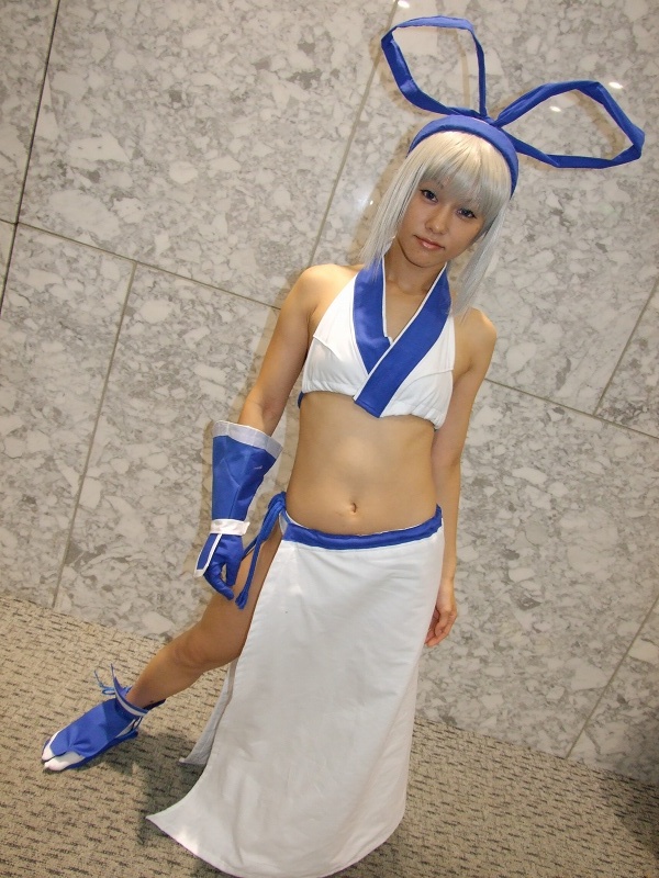 majikina mina, samurai spirits zero, silver hair, photo (medium), aisui nao, bow, cosplay, hair bow, midriff