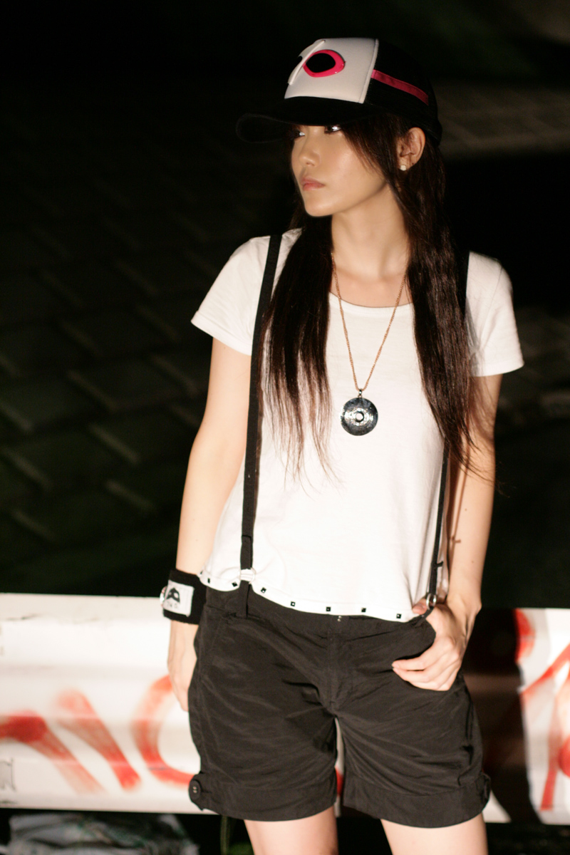 shio, highres, photo (medium), baseball cap, hat, shirt, shorts, suspenders, t-shirt
