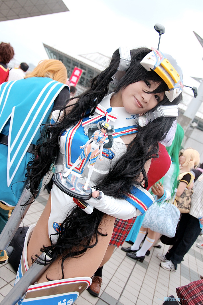 kobayakawa saiko (model), mine blue, private material romantis, photo (medium), bodysuit, boots, cosplay, elbow gloves, gloves, helmet, motorcycle parts, thigh boots, thighhighs, twintails