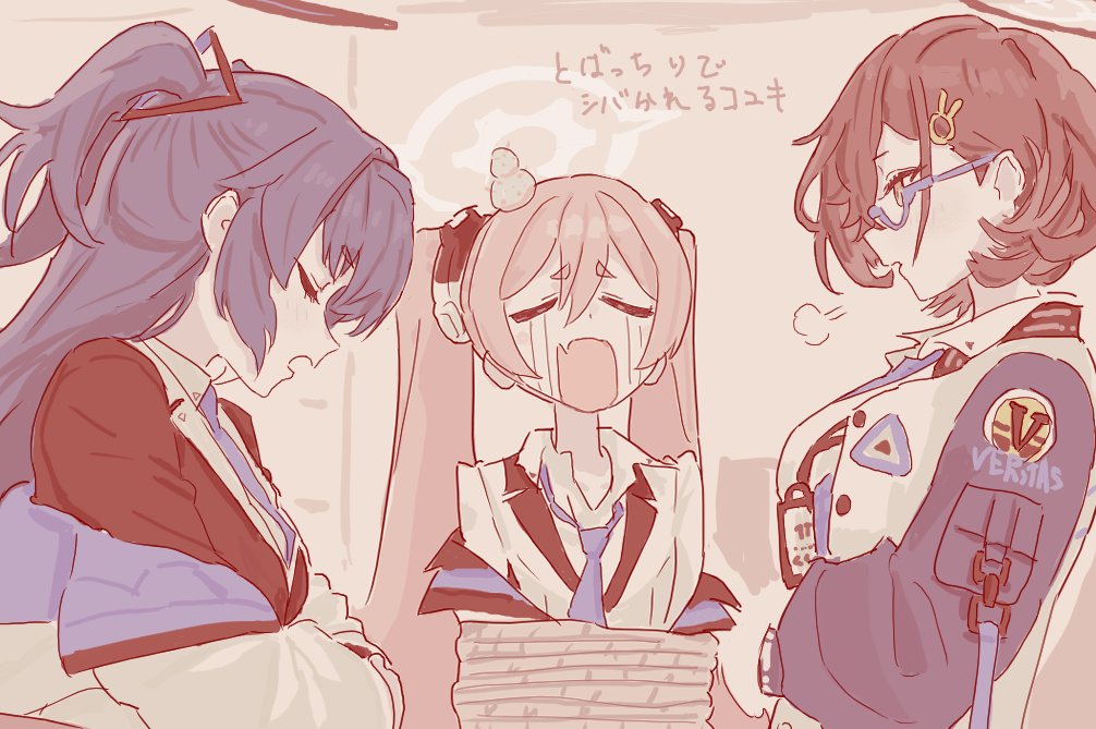 fight yoghurt, chihiro (blue archive), koyuki (blue archive), yuuka (blue archive), blue archive, translation request, 3girls, black hair, blue-framed eyewear, blue archive 2025 hack, blue hair, closed eyes, halo, long hair, multiple girls, necktie, open mouth, pink hair, sepia, shirt, short hair, tears, white shirt