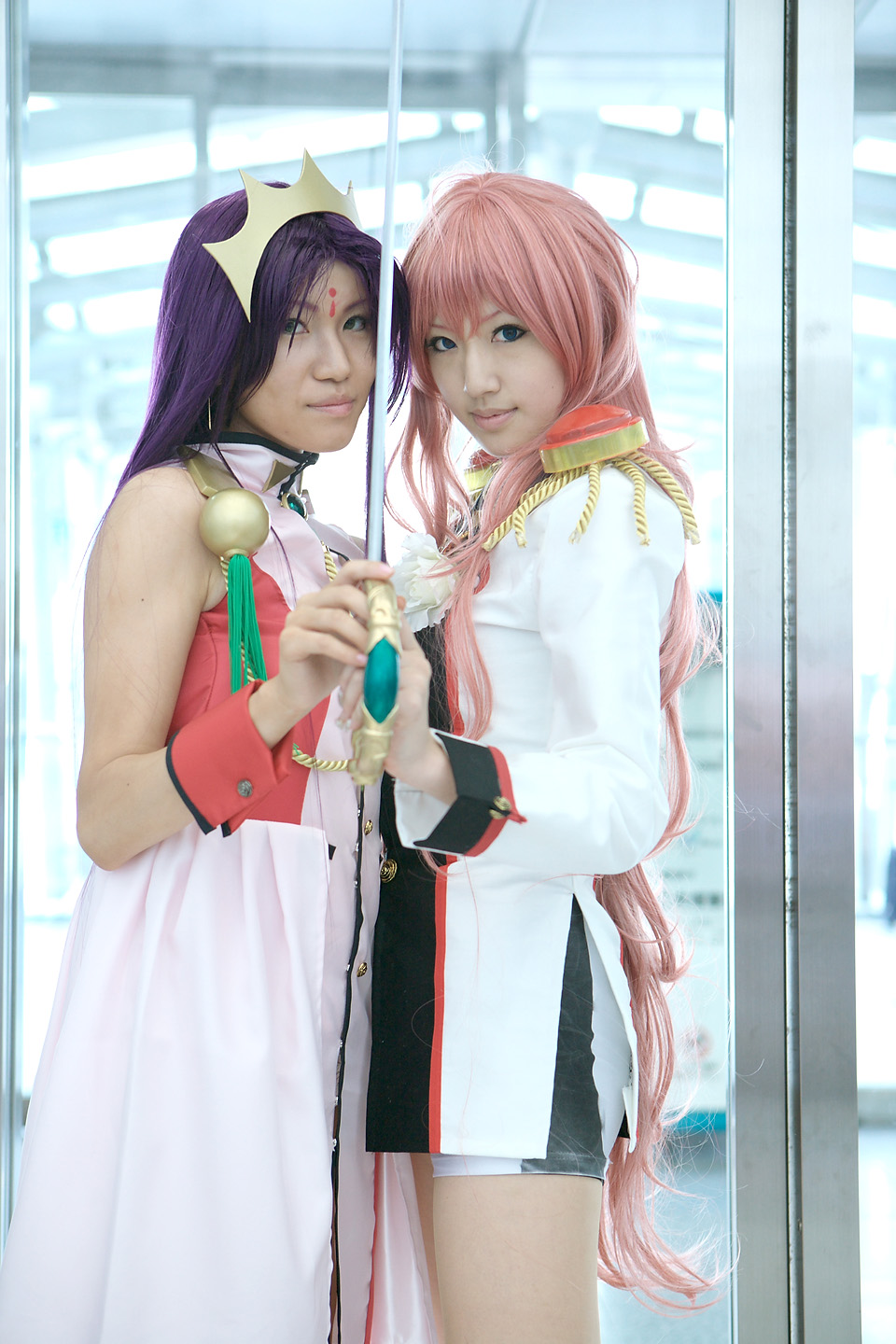 rou (cosplayer), saya (cosplayer), himemiya anthy, tenjou utena, shoujo kakumei utena, highres, photo (medium), cosplay, pink hair, purple hair, sword, weapon