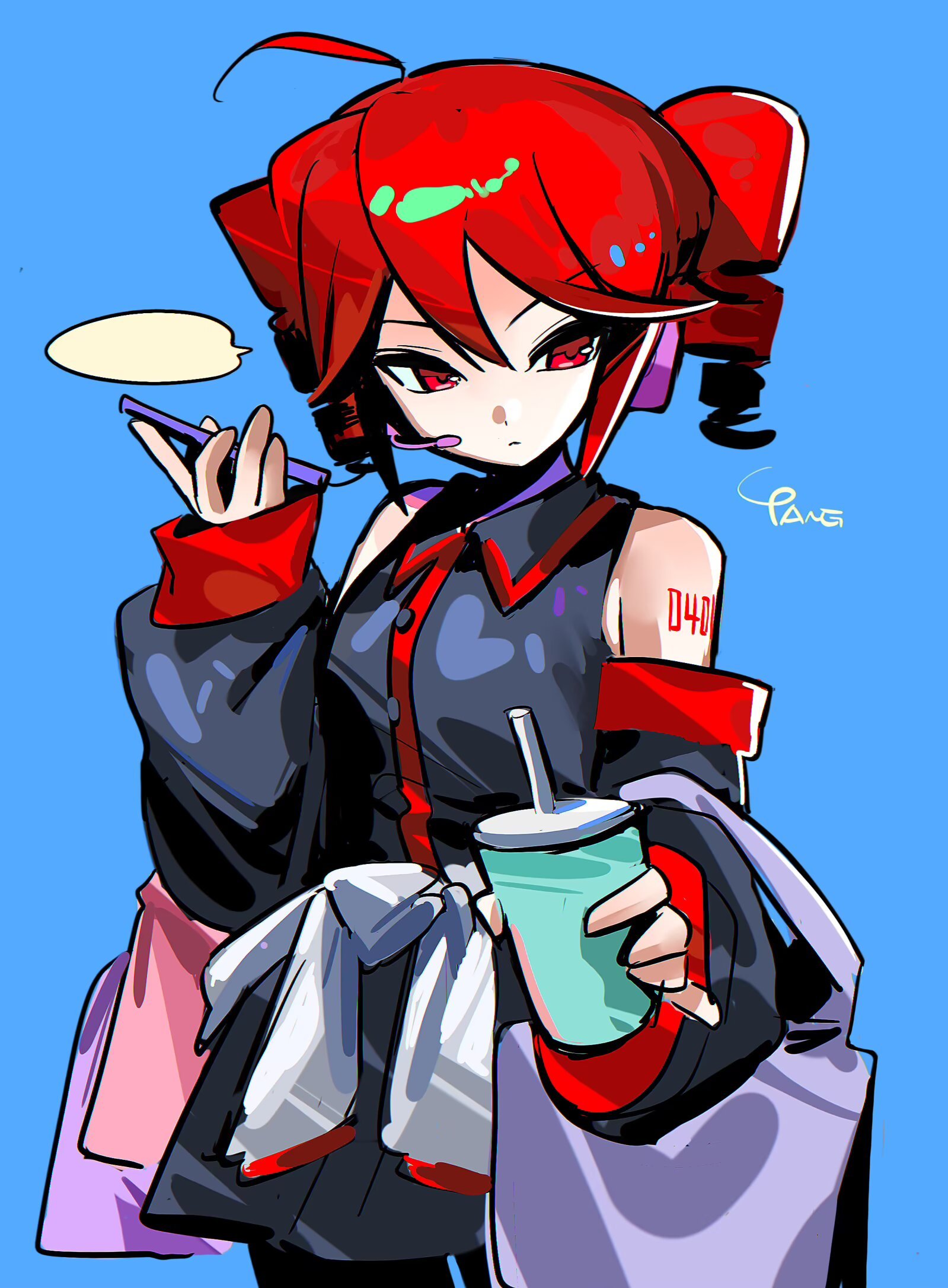 tanglaoban1225, kasane teto, kasane teto (utau), utau, highres, 1girl, ahoge, bag, bare shoulders, black shirt, black skirt, black sleeves, blank speech bubble, blue background, cellphone, closed mouth, clothes around waist, collared shirt, cowboy shot, cup, detached sleeves, disposable cup, drill hair, drink, hand up, headphones, headset, holding, holding cup, holding drink, holding phone, jacket, jacket around waist, long sleeves, looking at viewer, phone, red eyes, red hair, shirt, short hair, shoulder tattoo, signature, simple background, skirt, sleeveless, sleeveless shirt, smartphone, solo, speech bubble, tattoo, twin drills