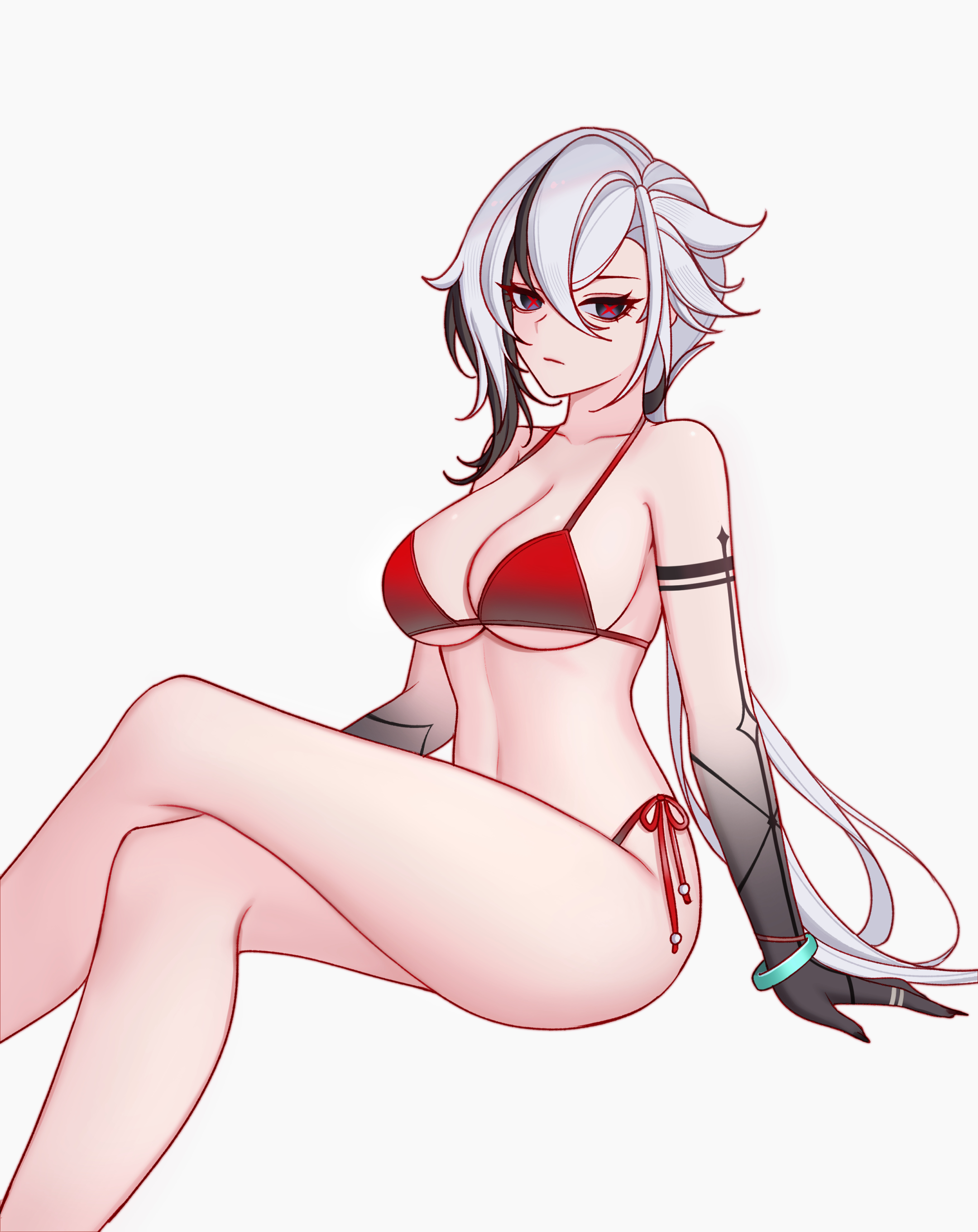 charlie purrito, arlecchino (genshin impact), genshin impact, absurdres, highres, 1girl, arm support, bare shoulders, bikini, black eyes, black hair, black hands, body markings, bracelet, breasts, collarbone, colored extremities, crossed legs, grey hair, hair between eyes, invisible chair, jewelry, large breasts, long hair, looking at viewer, multicolored hair, ponytail, red bikini, side-tie bikini bottom, sideboob, simple background, sitting, solo, stomach, string bikini, swimsuit, symbol-shaped pupils, underboob, white background, x-shaped pupils