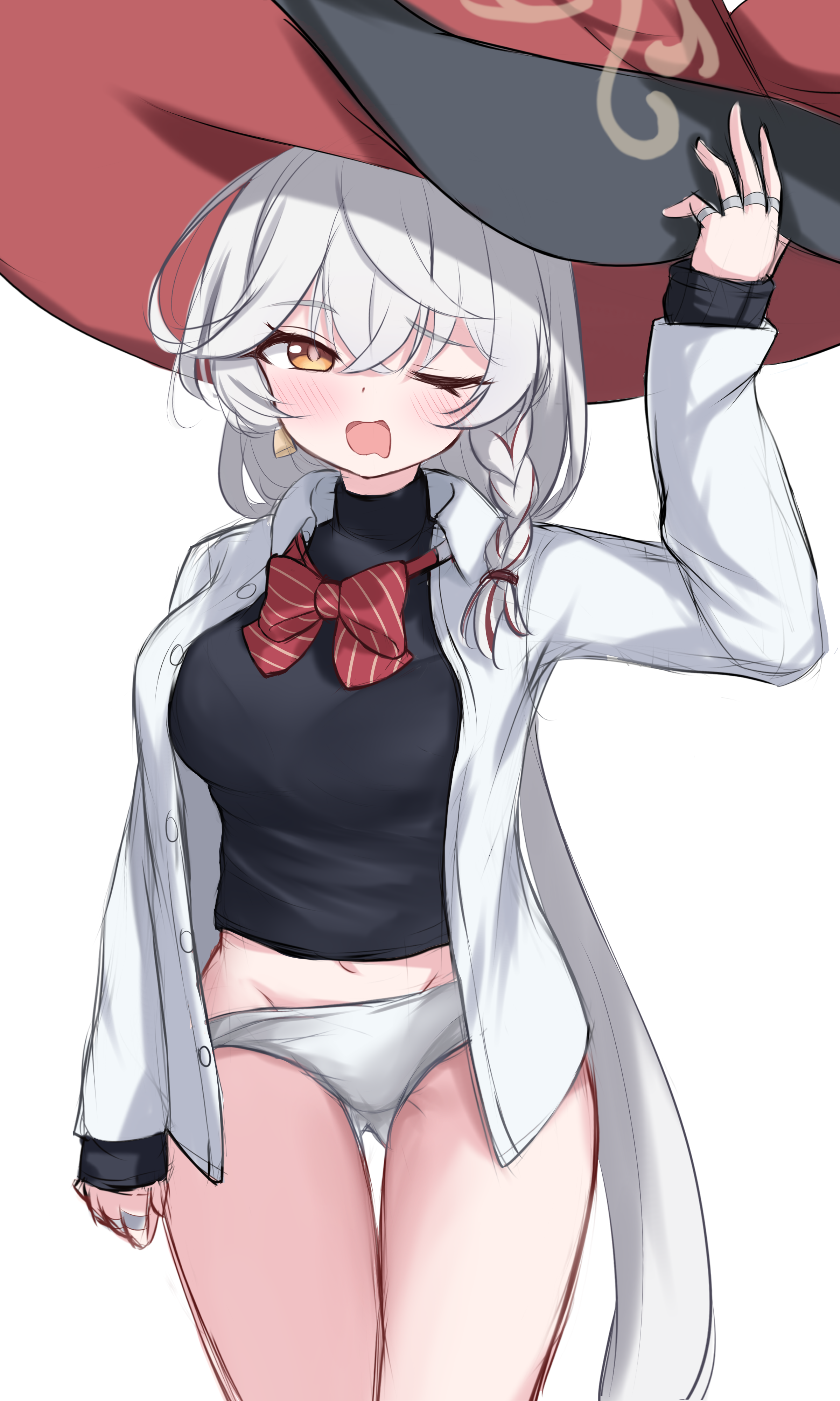 kuma piv, eri (blue archive), blue archive, absurdres, commentary, highres, 1girl, arm at side, black hat, black shirt, blush, bow, bowtie, breasts, brown eyes, collared shirt, cowboy shot, crossed bangs, diagonal-striped bow, diagonal-striped bowtie, diagonal-striped clothes, drooling, furrowed brow, grey hair, hair between eyes, hand up, hat, jewelry, large breasts, long sleeves, looking at viewer, midriff, mouth drool, multiple rings, navel, no pants, one eye closed, open clothes, open mouth, open shirt, panties, panty pull, red bow, red bowtie, ring, school uniform, shirt, simple background, sketch, sleepy, sleeves past wrists, solo, striped bow, striped bowtie, striped clothes, thigh gap, thighs, turtleneck, turtleneck shirt, underwear, white background, white panties, white shirt, witch hat