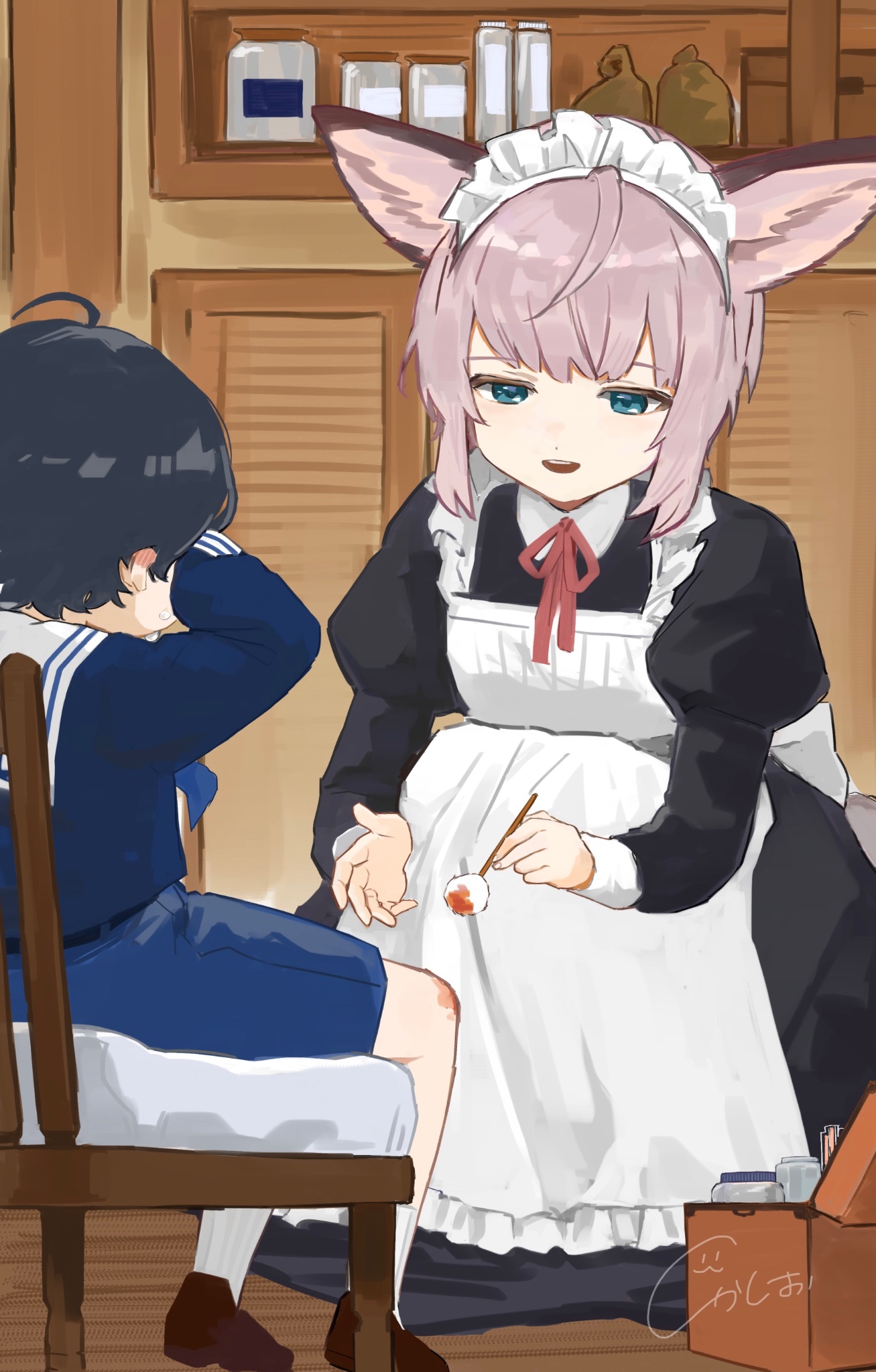 k-yosinori, sussurro (arknights), arknights, commentary, highres, 1boy, 1girl, ahoge, alternate costume, animal ears, apron, blue eyes, enmaided, fox ears, fox girl, grey hair, indoors, juliet sleeves, long sleeves, maid, maid apron, maid headdress, neck ribbon, open mouth, puffy sleeves, red ribbon, ribbon