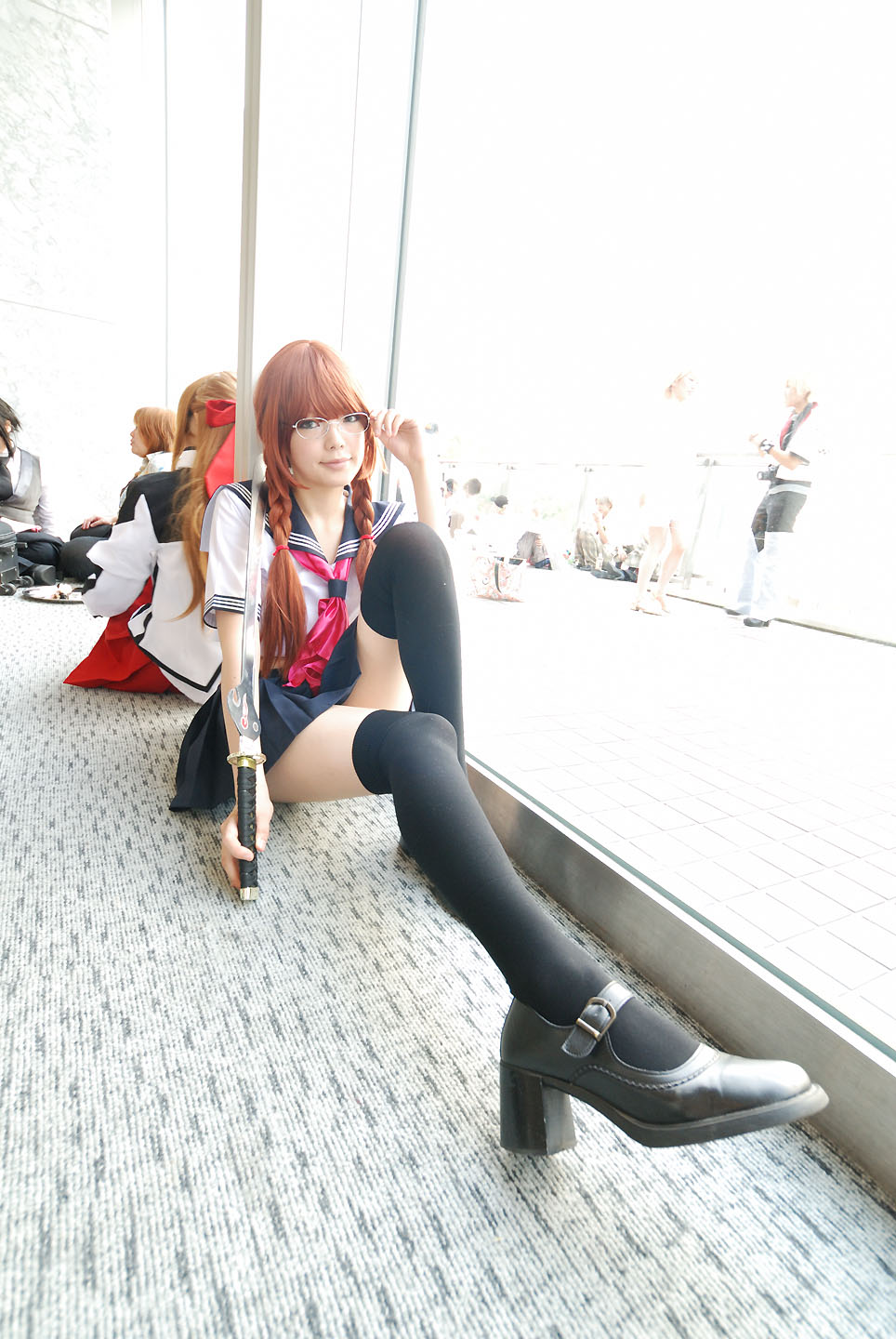 namada, arisugawa shii, the art of yamashita shunya, black footwear, black legwear, highres, photo (medium), 5girls, aqua eyes, arisugawa shii (cosplay), asian, blue eyes, blurry, braid, brown hair, color contacts, cosplay, crop top, depth of field, glasses, green eyes, high heels, lensless glasses, long hair, looking at viewer, mary janes, midriff, miniskirt, multiple girls, on floor, pleated skirt, rug, sailor, school uniform, serafuku, shoes, short sleeves, sitting, skirt, solo focus, sword, thighhighs, twin braids, weapon, zettai ryouiki