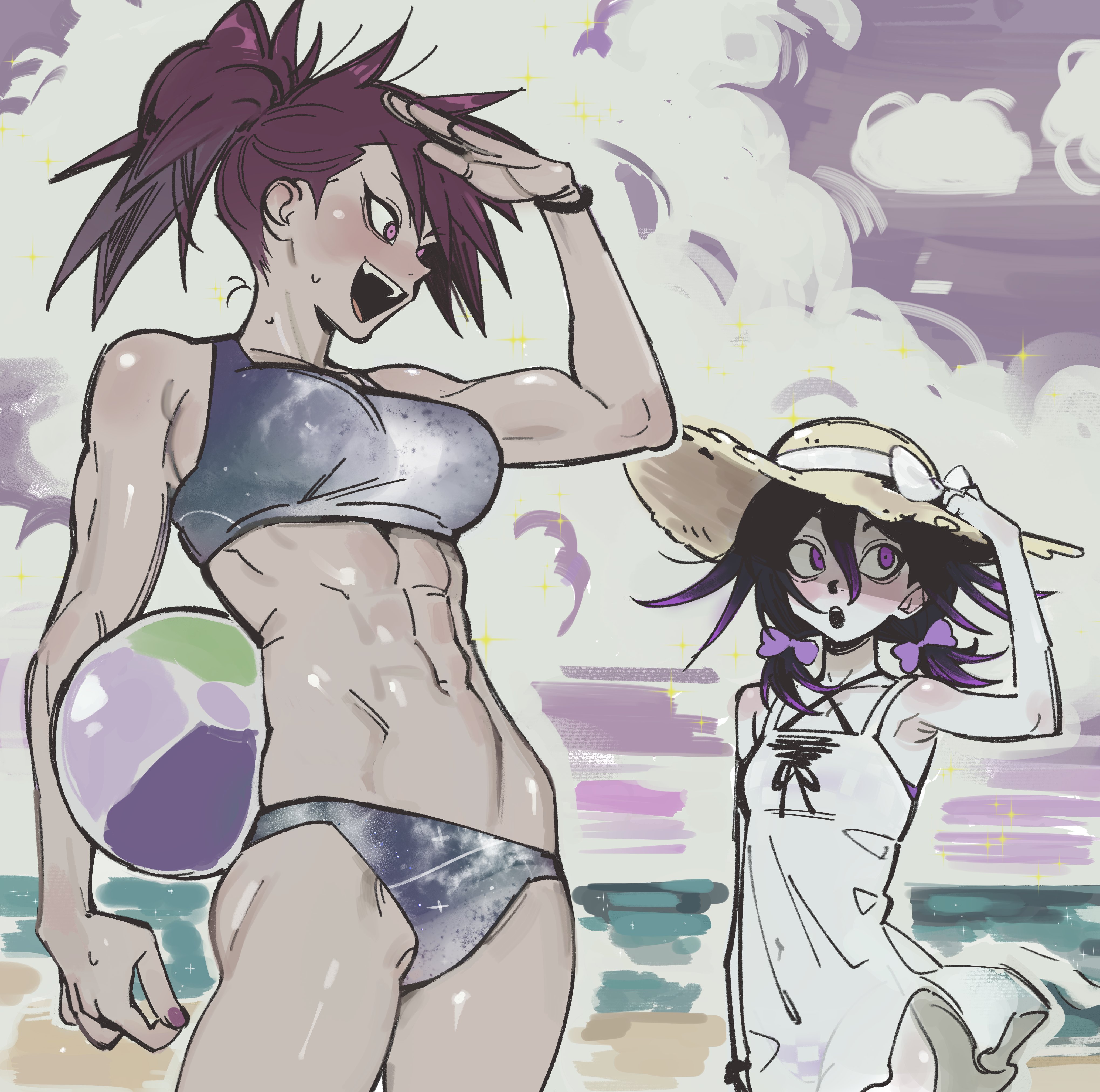 miri (bossu osu), momota kaito, oma kokichi, danganronpa (series), danganronpa v3: killing harmony, absurdres, highres, 2girls, abs, bikini, black hair, breasts, dress, genderswap, genderswap (mtf), hat, low twintails, multiple girls, open mouth, ponytail, purple eyes, short twintails, smile, swimsuit, tsurime, twintails