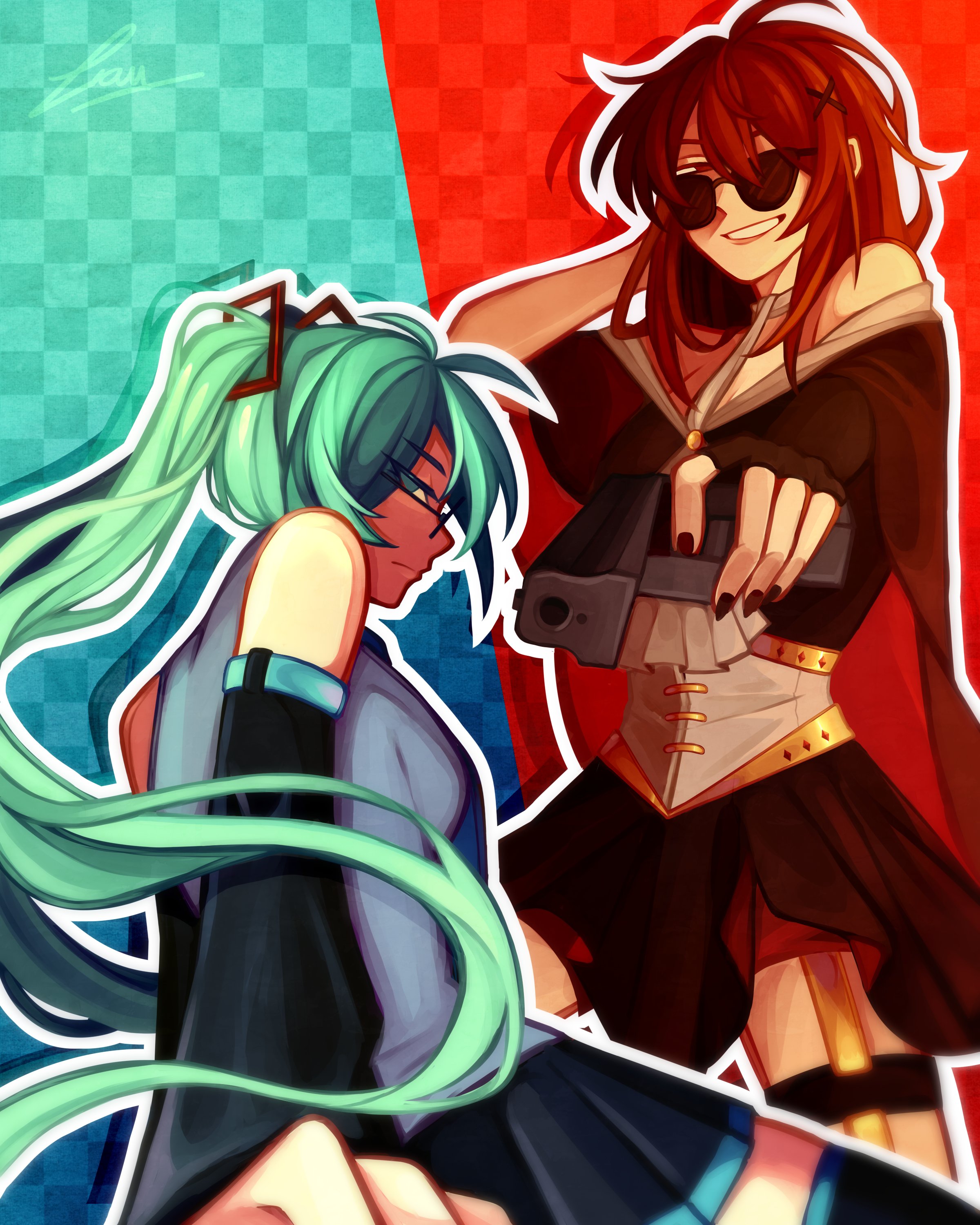 hatsune miku, vocaloid, absurdres, commentary, english commentary, highres, 2girls, aiming, aiming at viewer, anarchy (asteria), arm behind head, asteria (musician), bare shoulders, black dress, black gloves, black nails, black skirt, black sleeves, blue eyes, blue hair, breasts, checkered background, cleavage, closed mouth, corset, cowboy shot, detached sleeves, double-parted bangs, dress, fingerless gloves, glasses, gloves, gold trim, grey shirt, gun, hair between eyes, hair ornament, handgun, hijimasa, holding, holding gun, holding weapon, long hair, long sleeves, looking at viewer, medium breasts, messy hair, multiple girls, nail polish, off-shoulder dress, off shoulder, one eye closed, outline, parted bangs, parted lips, red eyes, red hair, shirt, skirt, sleeveless, sleeveless shirt, smile, split screen, sunglasses, twintails, two-tone background, weapon, white corset, white outline, x hair ornament