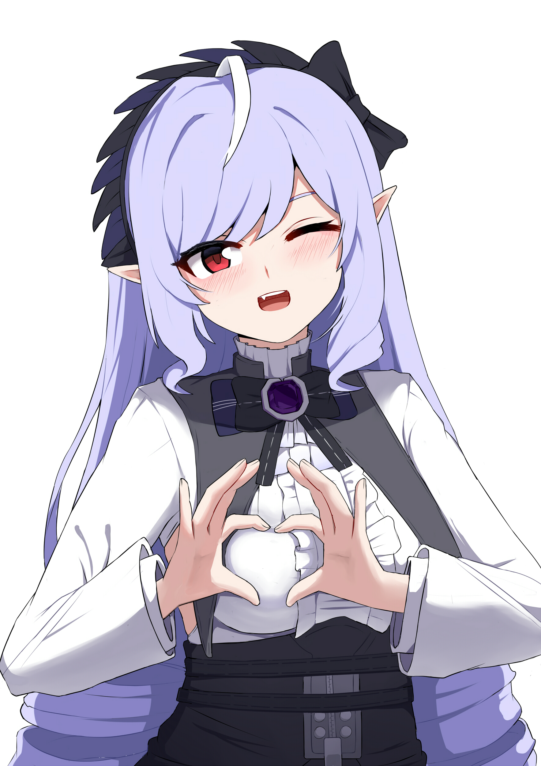 marin liekuriva, vivian banshee, zenless zone zero, absurdres, bad id, bad twitter id, commentary, highres, 1girl, artistic error, ascot, black bow, black bowtie, blush, bow, bowtie, breasts, center frills, frills, long hair, long sleeves, looking at viewer, medium breasts, multicolored hair, one eye closed, open mouth, pointy ears, purple hair, shrug (clothing), sidelocks, simple background, smile, solo, streaked hair, upper body, white ascot, white background, white shrug