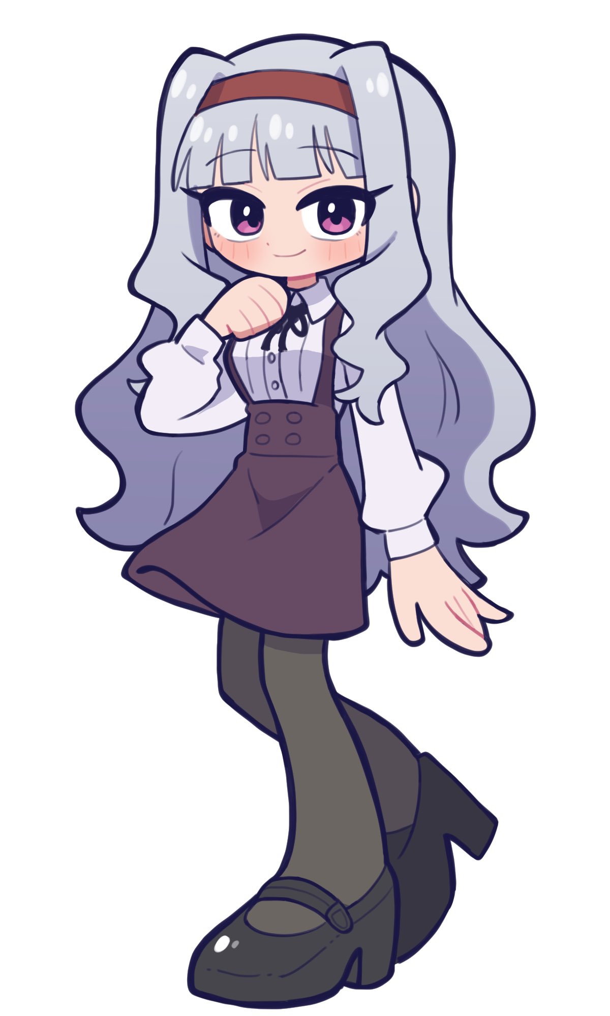 fis (t83192933), shijou takane, idolmaster, idolmaster (classic), highres, 1girl, black pantyhose, black shoes, blush, closed mouth, deformed, full body, grey hair, hairband, hand up, high heels, long hair, long sleeves, looking at viewer, pantyhose, purple eyes, red hairband, shirt, shoes, simple background, skirt, solo, standing, white background, white shirt