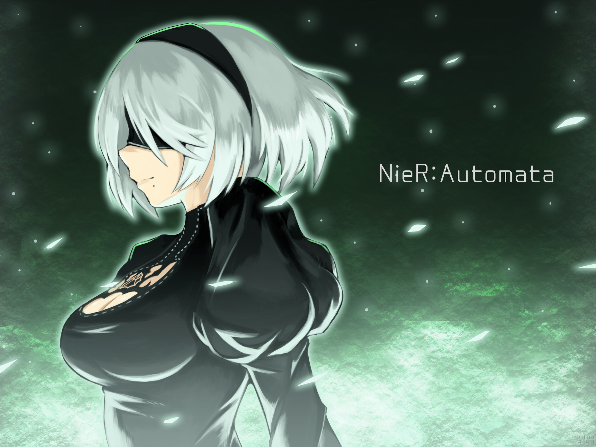 kumo (kumo8159), 2b (nier:automata), nier:automata, nier (series), highres, 1girl, black hairband, blindfold, breasts, cleavage, cleavage cutout, clothing cutout, copyright name, hairband, looking to the side, medium hair, solo, upper body, white hair