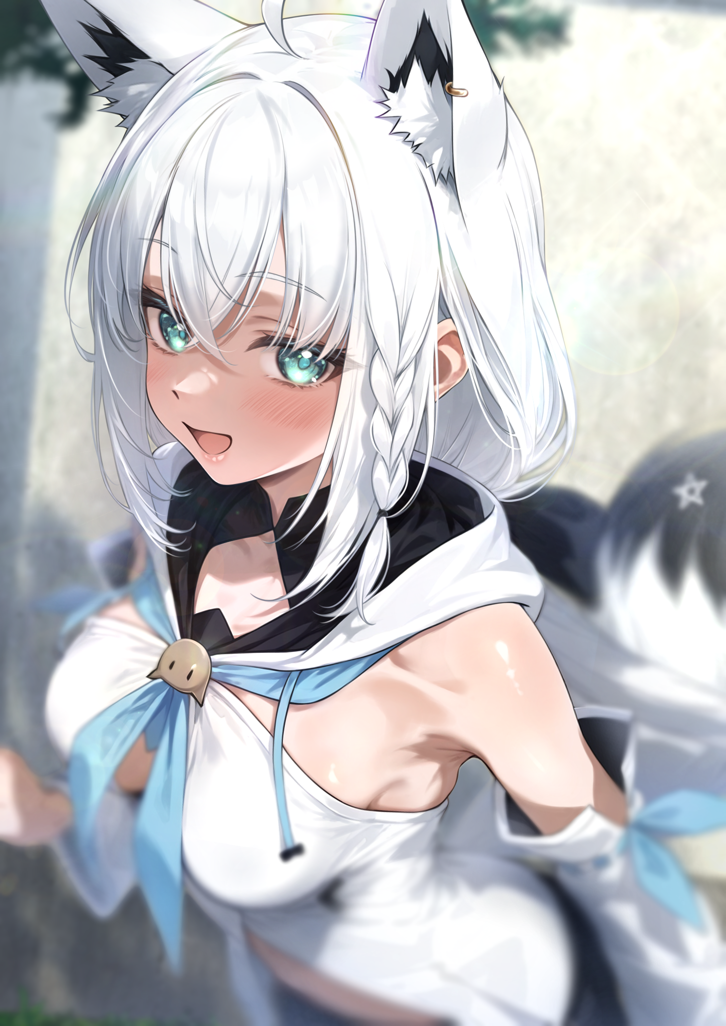 nyarurato0debu, shirakami fubuki, shirakami fubuki (1st costume), hololive, commentary, highres, :d, ahoge, animal ear piercing, animal ears, aqua eyes, black shorts, blue neckerchief, blurry, blurry background, braid, breasts, cleavage, crossed bangs, detached sleeves, double-parted bangs, extra ears, fox ears, fox girl, fox tail, front slit, hair between eyes, hood, hooded vest, hoodie, large breasts, long hair, looking at viewer, low ponytail, neckerchief, open mouth, pentagram, ponytail, shorts, side braid, single braid, smile, tail, vest, virtual youtuber, white hair, white sleeves, wide sleeves