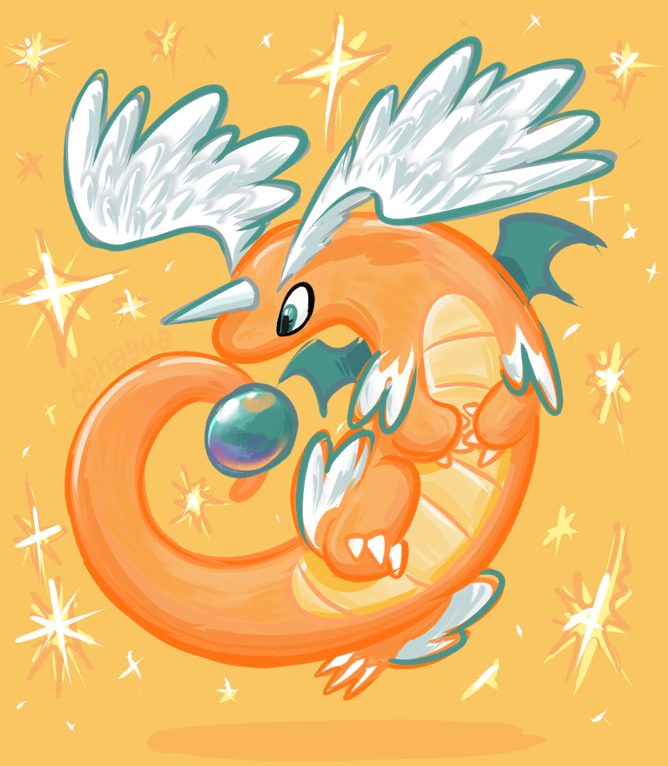 dragonite, mega dragonite, nintendo, pokemon, pokemon legends: z-a, claws, colored skin, dehagua, dragon, feathered wings, full body, gen 1 pokemon, green eyes, head wings, horns, leg wings, mega pokemon, no humans, orange skin, pokemon (creature), pokemon focus, single horn, tail, wings