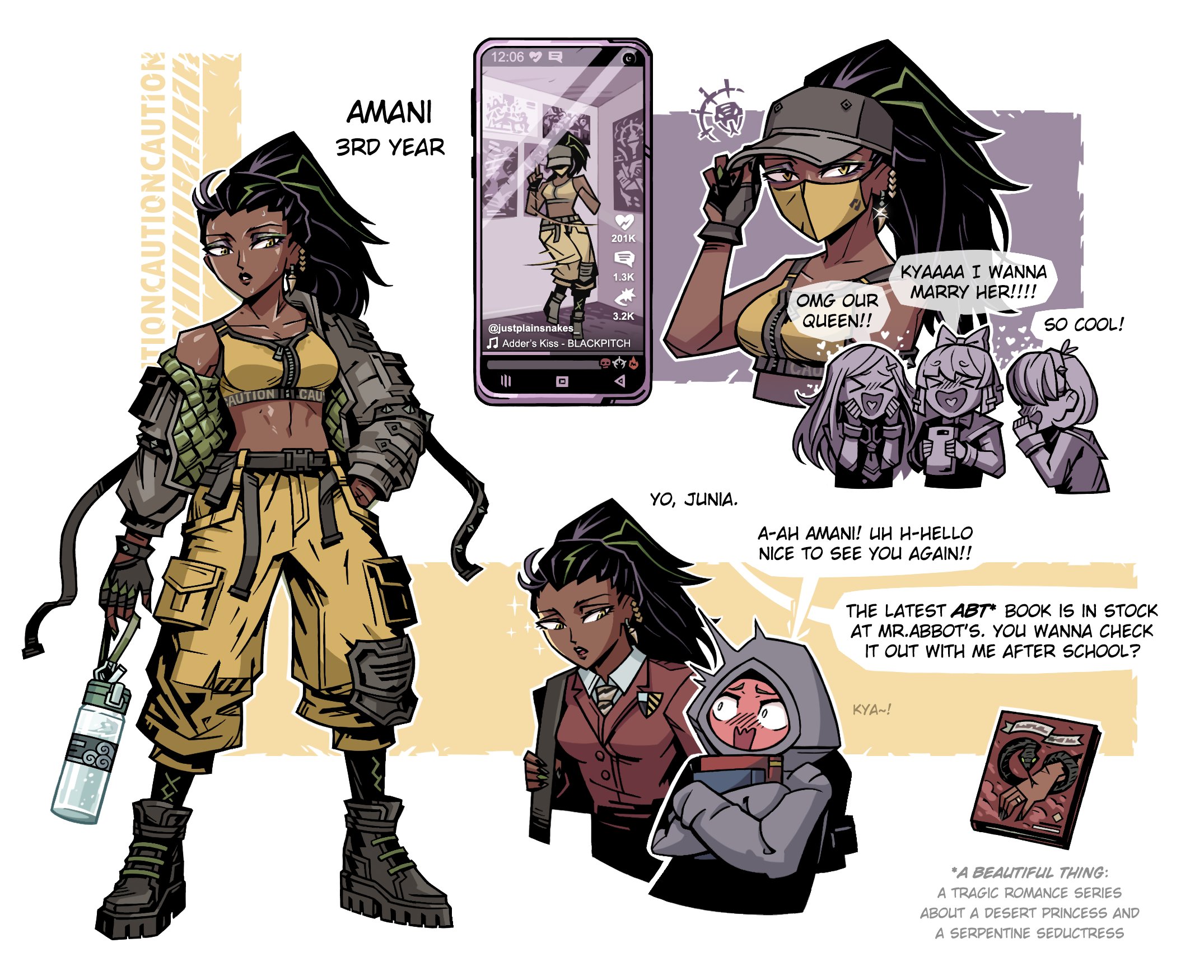 marvin seo, vestal (darkest dungeon), darkest dungeon, commentary, english commentary, highres, 5girls, black hair, book, boots, bottle, english text, fingerless gloves, gloves, hood, hoodie, jacket, long hair, mask, mouth mask, multiple girls, necktie, open mouth, phone, ponytail, school uniform, shieldbreaker (darkest dungeon), speech bubble, water bottle, white background