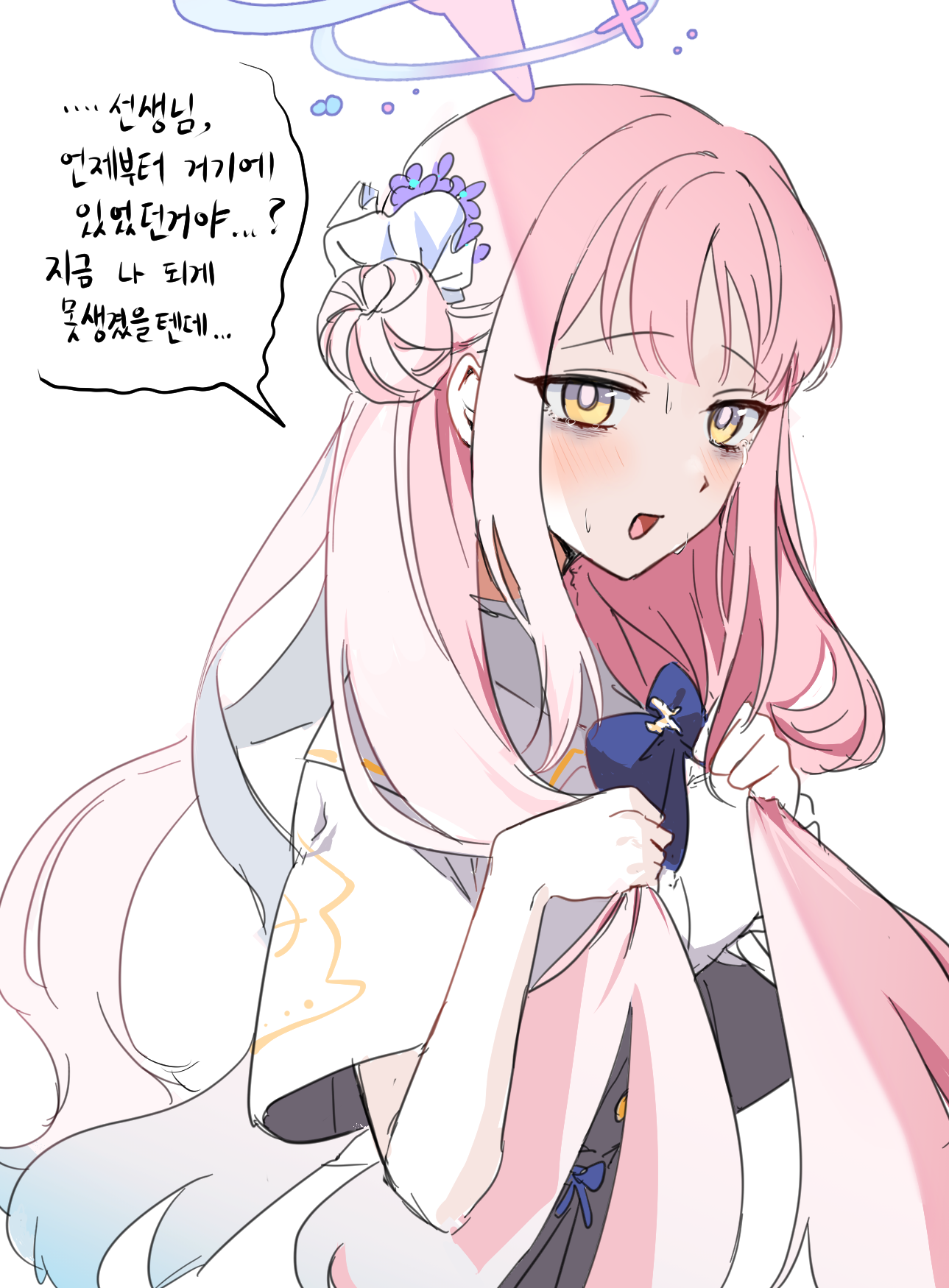 yslee070410, mika (blue archive), blue archive, highres, 1girl, blush, bow, capelet, dress, flower, hair bun, hair flower, hair ornament, halo, holding, korean text, long hair, looking at viewer, open mouth, pink hair, simple background, single side bun, solo, speech bubble, sweat, upper body, white background, white capelet, white dress, yellow eyes