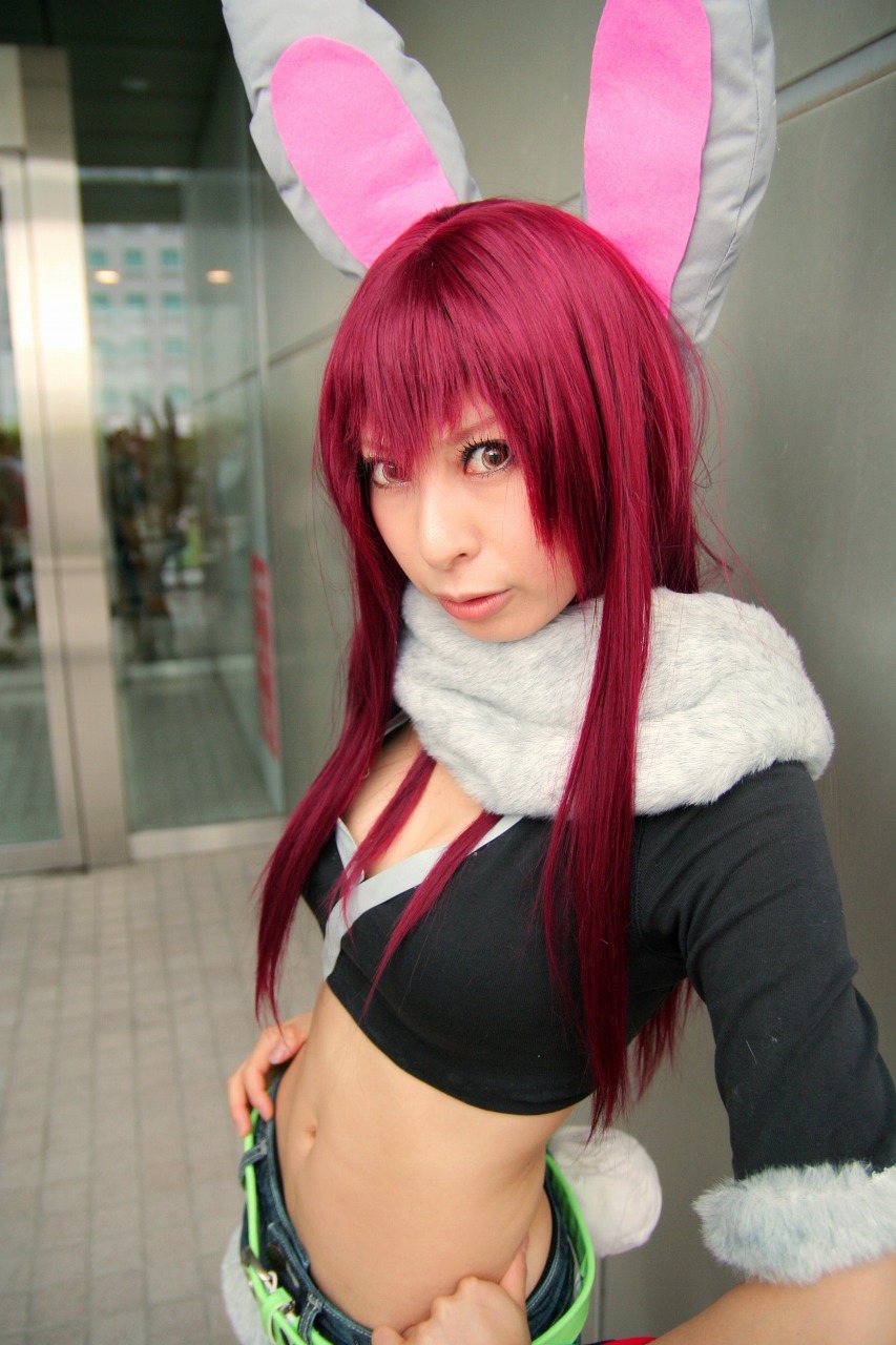 ari (model), shiwasu mina, getsumento heiki miina, highres, photo (medium), animal ears, breasts, cleavage, cosplay, cutoffs, fur trim, midriff, rabbit ears